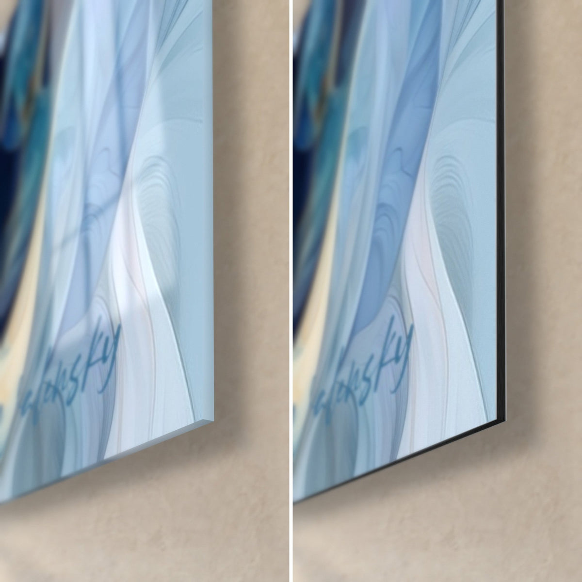 Gemälde Tagtraum, untere rechte Ecke: glänzendes Himmelblau auf Glas und mattes Dibond-Aluminium, 3 mm Kante, Signatur Walensky