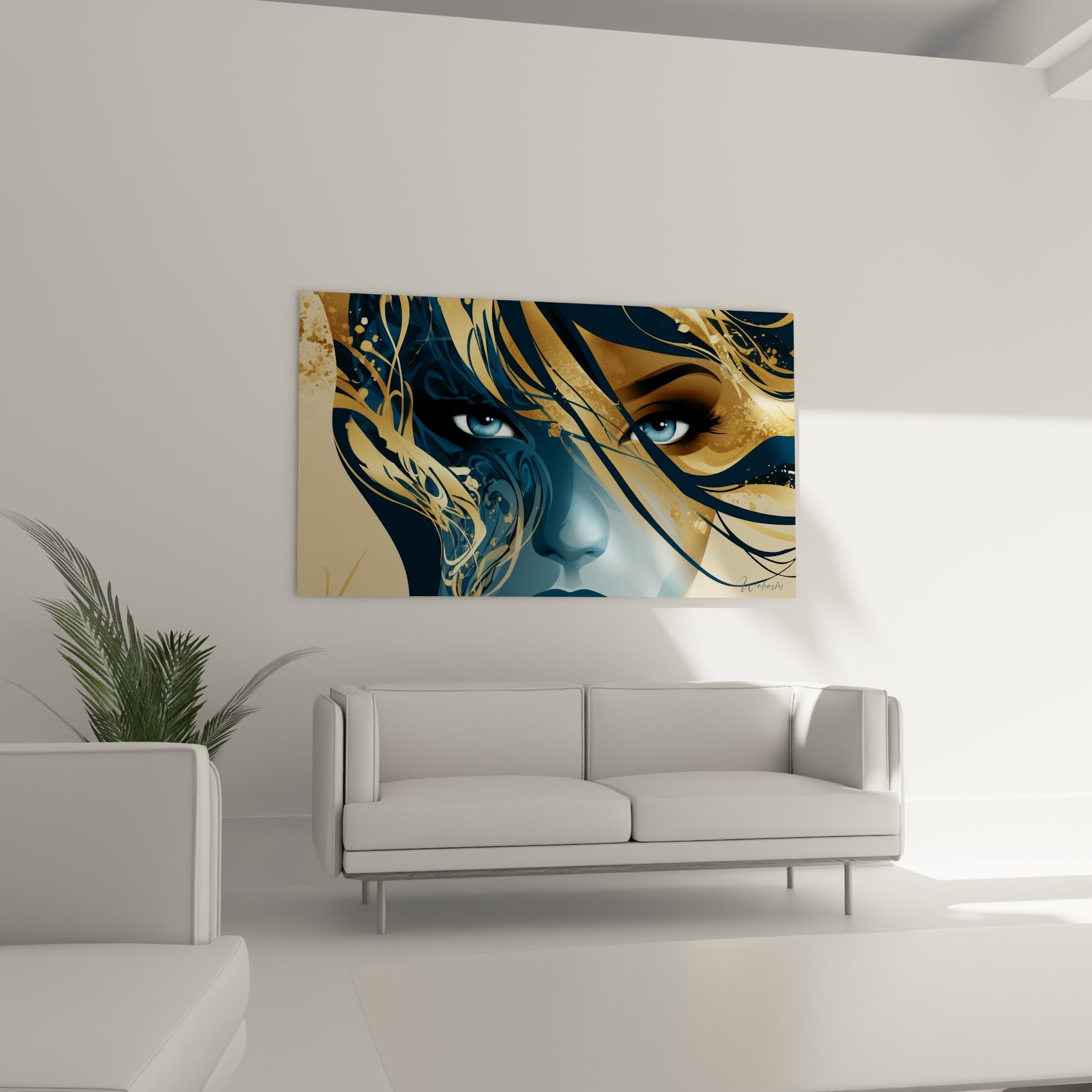 Visage stylisé bleu et or aux volutes fluides, disposé au-dessus d'un canapé dans un salon lumineux