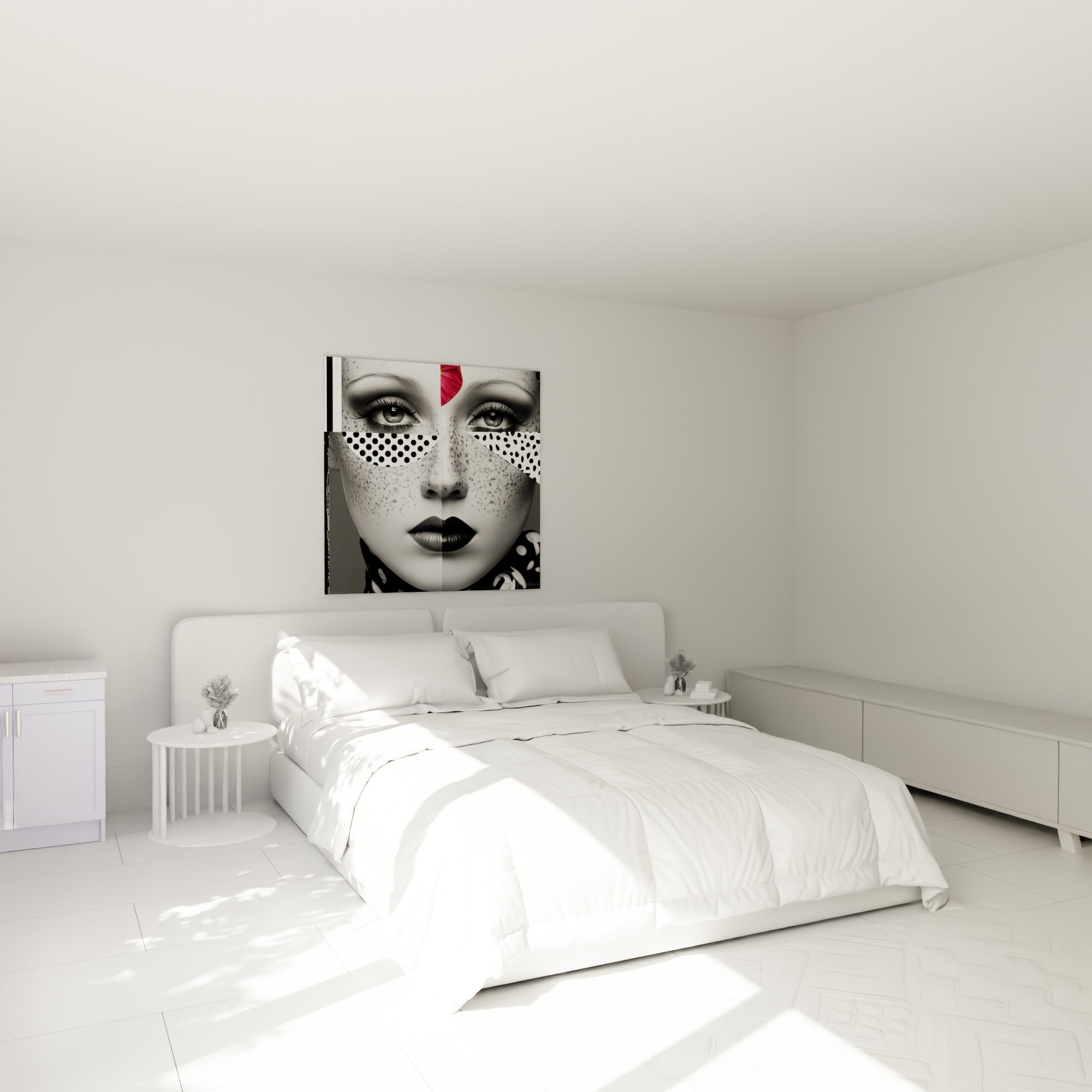 Portrait graphique noir et blanc à pois, touche rouge fauve, au-dessus d'un lit dans une chambre claire