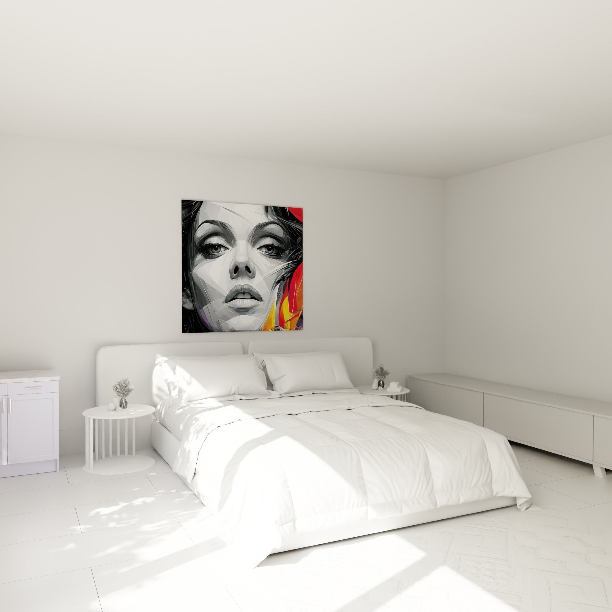 Portrait graphique aux tons gris et blanc traversé de flammes orangées, au-dessus d'un lit dans une chambre claire
