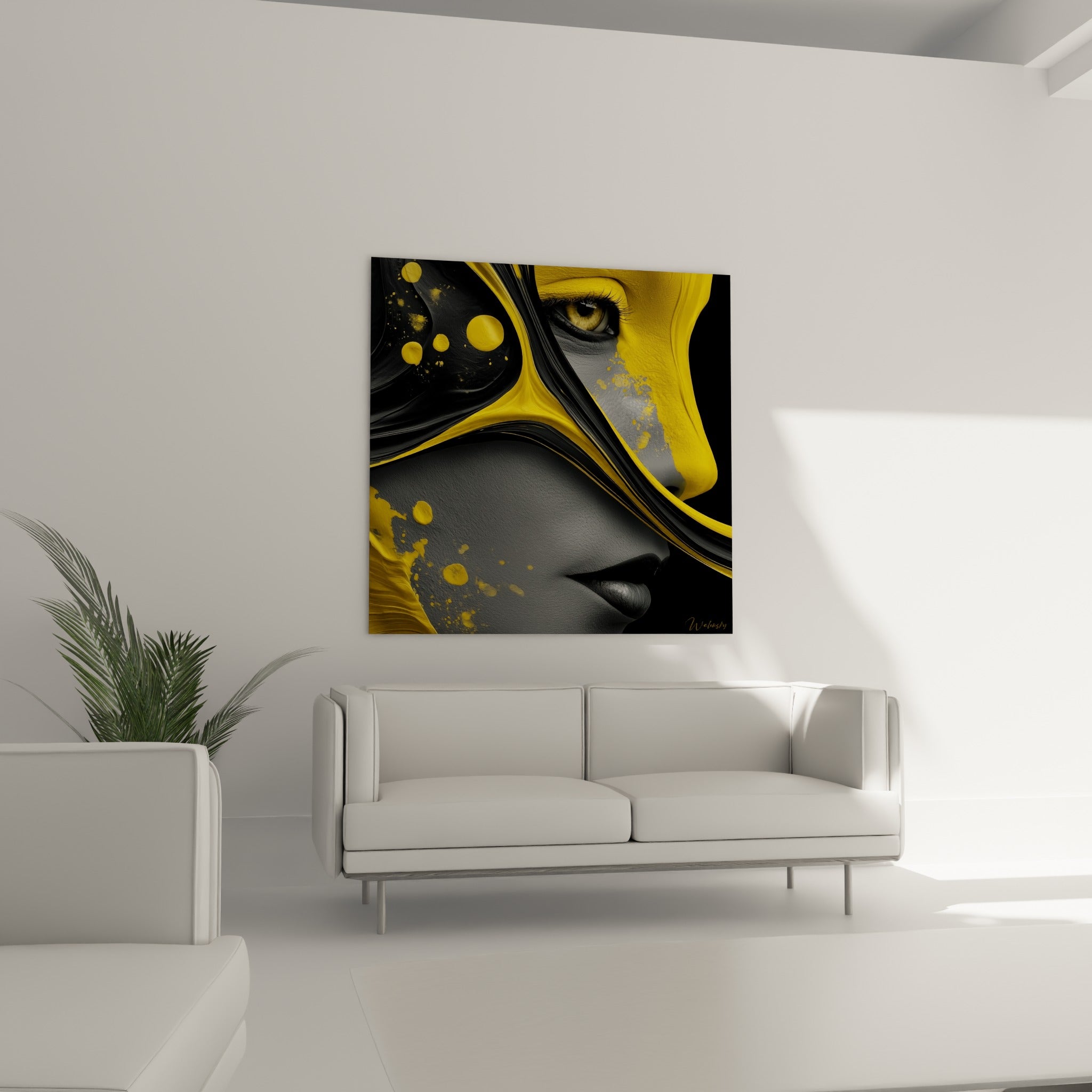 Portrait fragmenté jaune vif et gris anthracite, au-dessus d'un canapé dans un salon lumineux