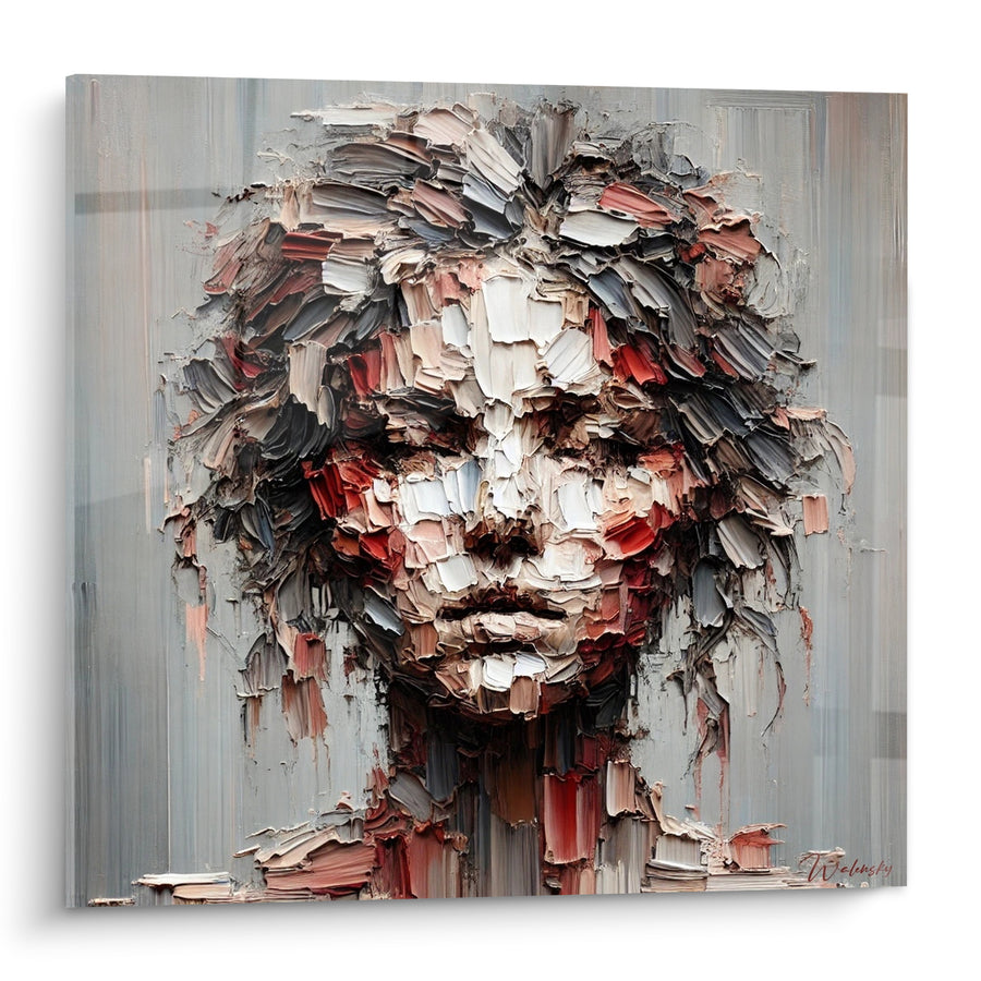 Tableau Visage sculpté empâtements gris et terracotta - Fragments de mémoire - Edition Visage asbtrait