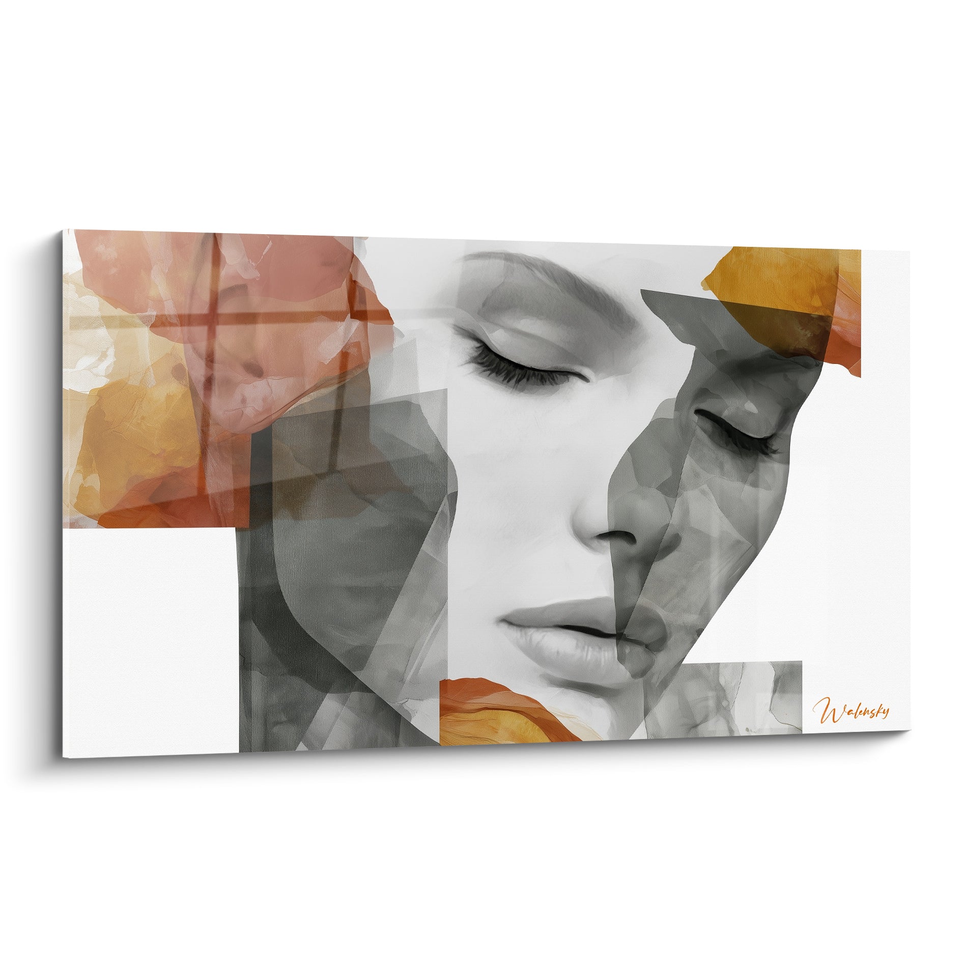 Visage abstrait aux tons gris et terracotta, paupières closes, fragments géométriques ocre superposés