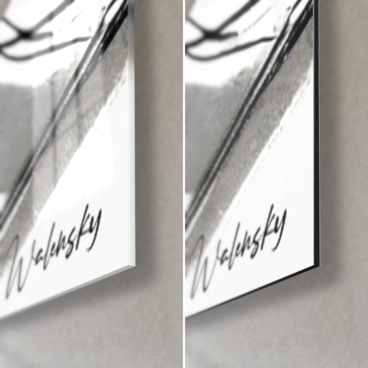 Obraz profil kobiety tuszem, czarny podpis Walensky na bieli, błyszczące szkło akrylowe z refleksami, matowe aluminium Dibond, krawędź 3 mm