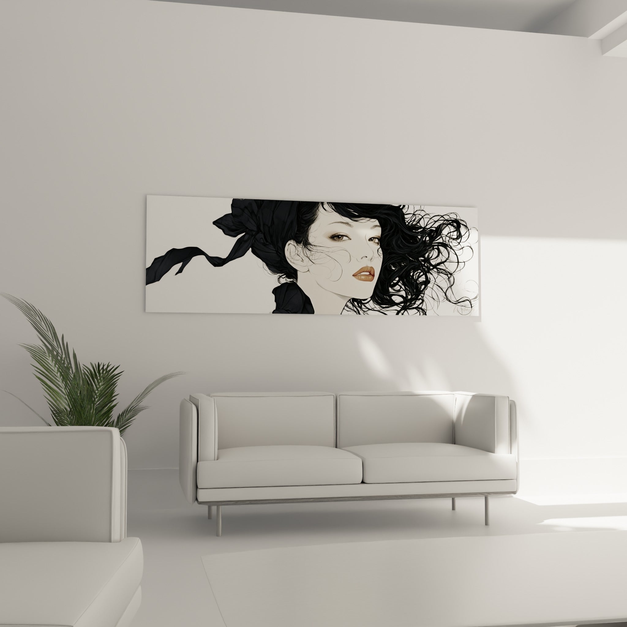 Illustration visage abstrait noir et ivoire, foulard vaporeux, au-dessus d'un canapé dans un salon lumineux