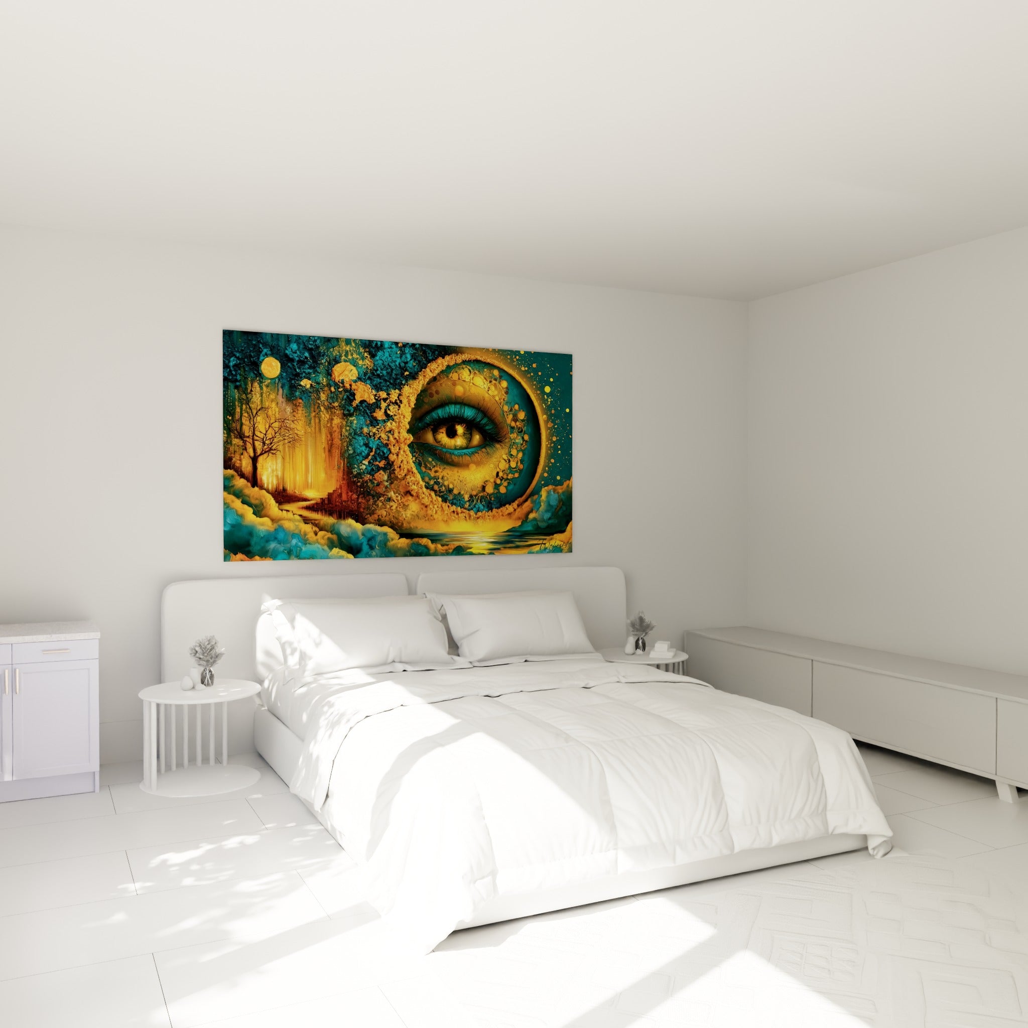 Iris ambré cerné de volutes turquoise et or, accroché au-dessus d'un lit dans une chambre claire