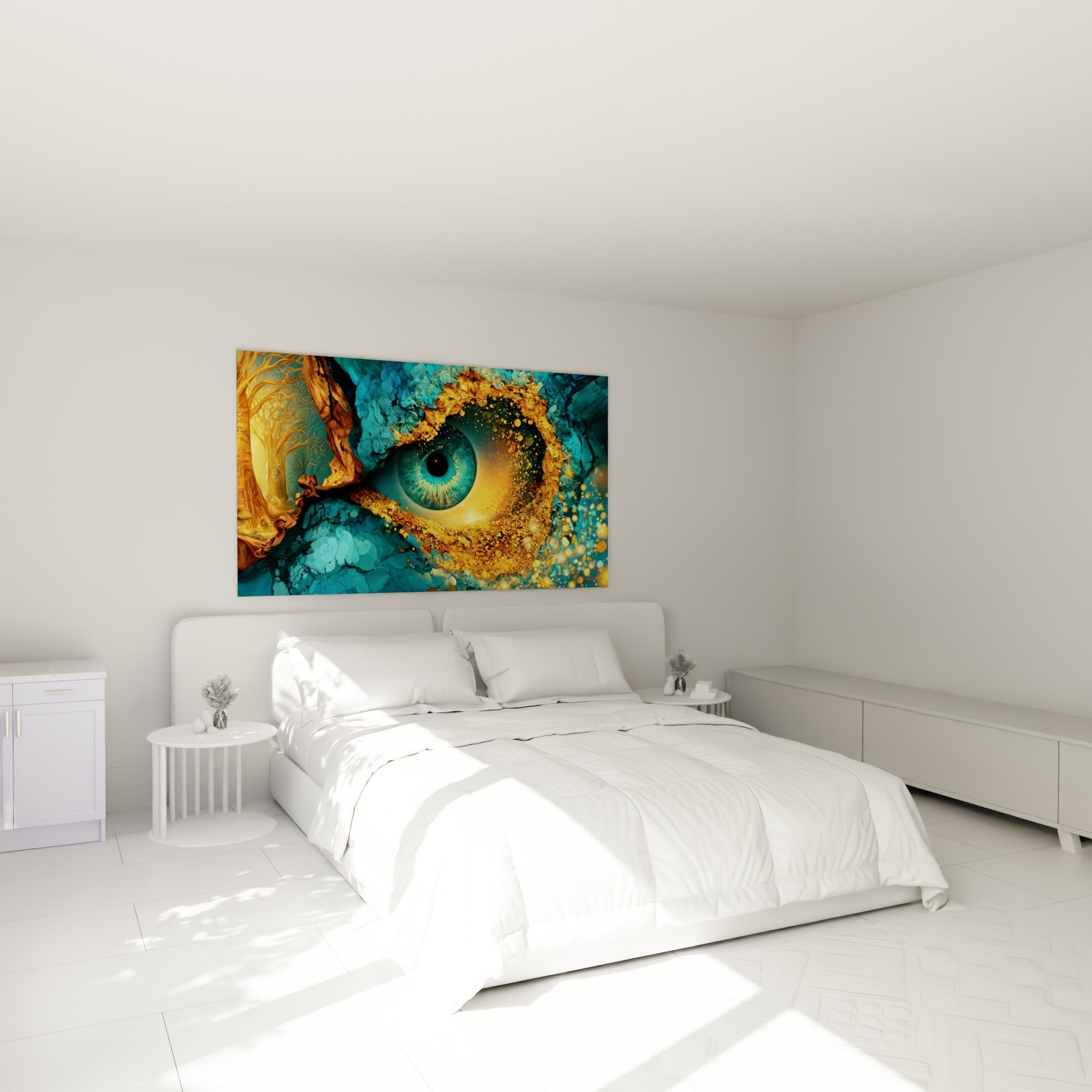 Visage abstrait à l'iris bleu turquoise et paupière dorée, accroché au-dessus d'un lit dans une chambre claire