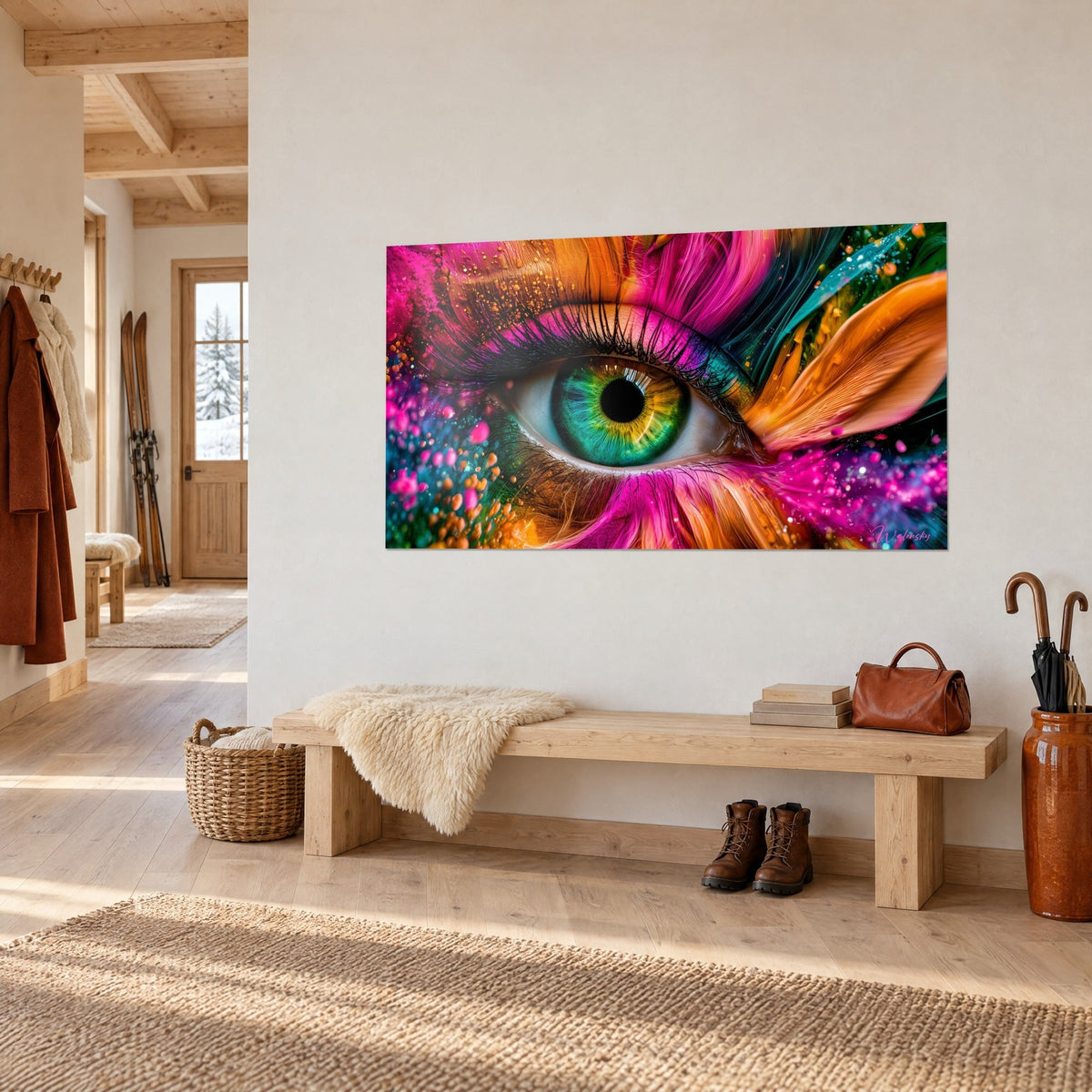Wall art Green and yellow iris ringed with black lashes, magenta and amber accents, hung three-quarter view above an entryway bench