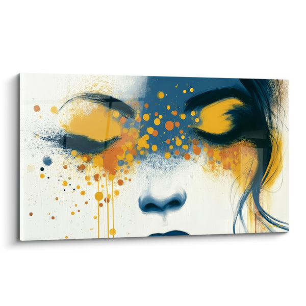 Tableau Visage bleu et jaune aux confettis peints - Paupières closes ruisselantes - Edition Visage abstrait