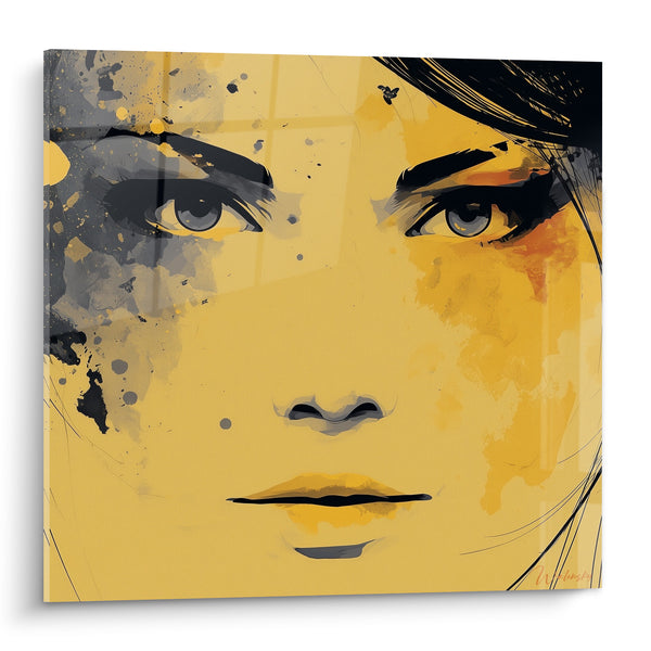Tableau Visage jaune et gris aux éclaboussures d'encre - Petit insecte suspendu - Edition Visage abstrait
