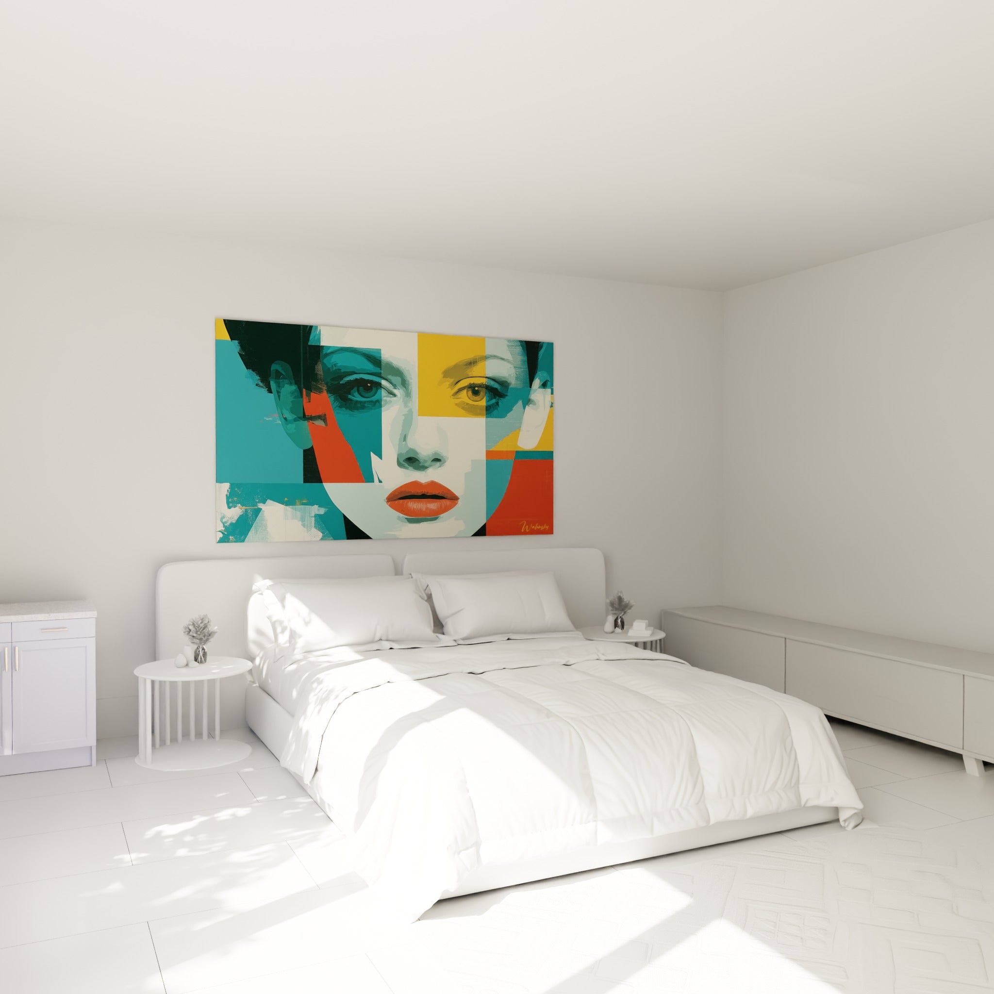 Visage abstrait fragmenté en teintes bleu sarcelle et terracotta, accroché au-dessus d'un lit dans une chambre claire