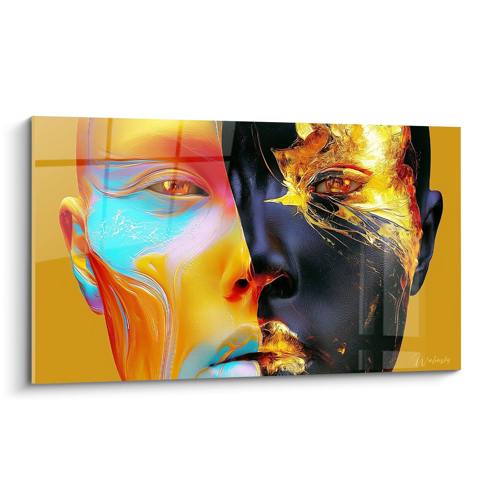 Visage abstrait scindé en jaune éclatant et noir doré, traits hyperréalistes sur fond ocre uni