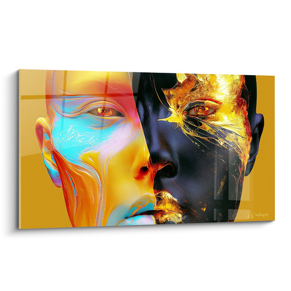 Tableau Visage jaune et noir aux veines turquoise - Face scindée en deux - Edition Visage abstrait