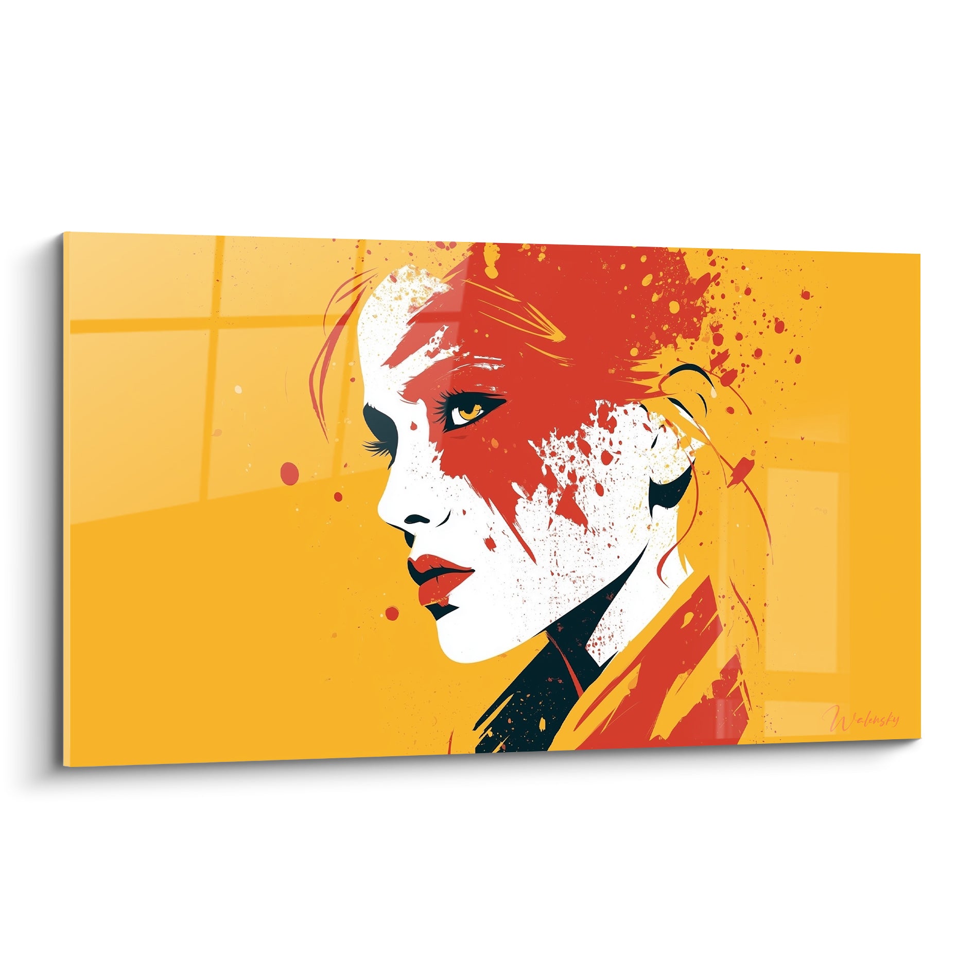 Visage abstrait de profil, jaune moutarde et rouge éclaboussé, œil ambré perçant