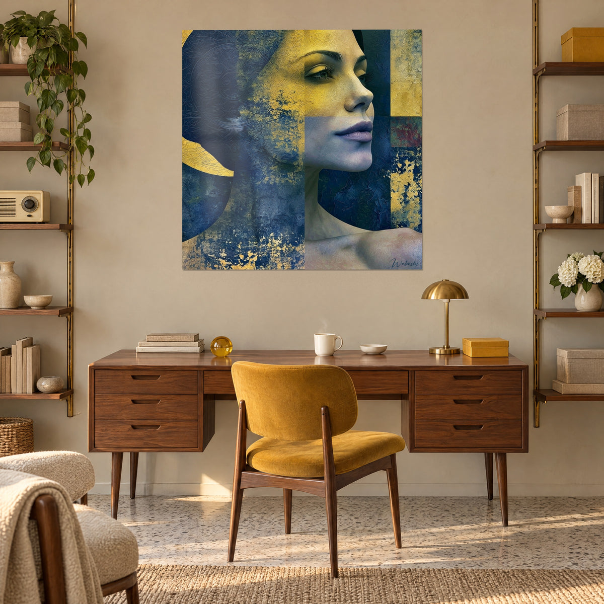 Tableau visage de femme en aplats bleu marine et jaune, accroché au-dessus d'un bureau en noyer, fauteuil moutarde et étagères