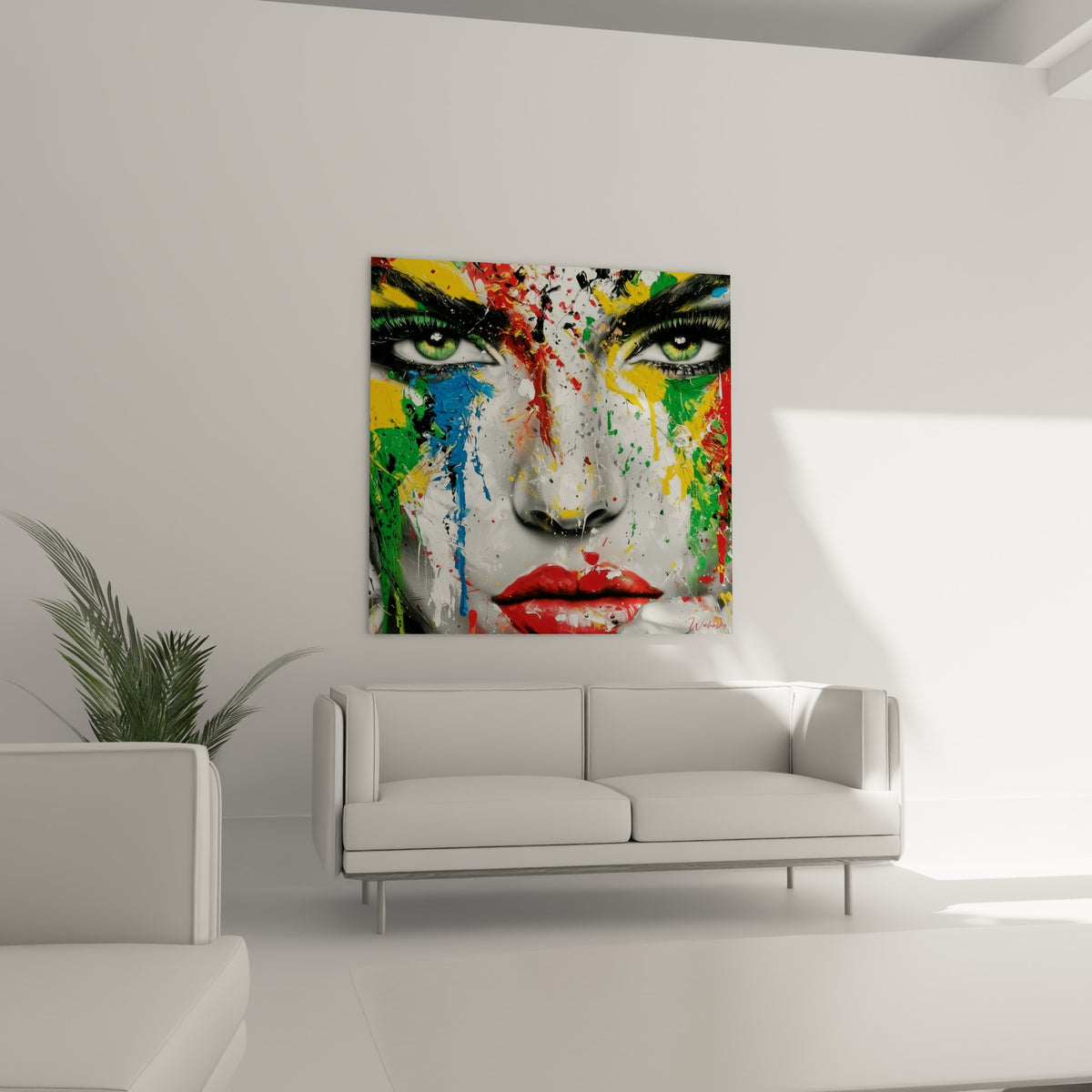 Éclaboussures de peinture jaune et verte sur ce visage abstrait suspendu au-dessus d'un canapé dans un salon lumineux