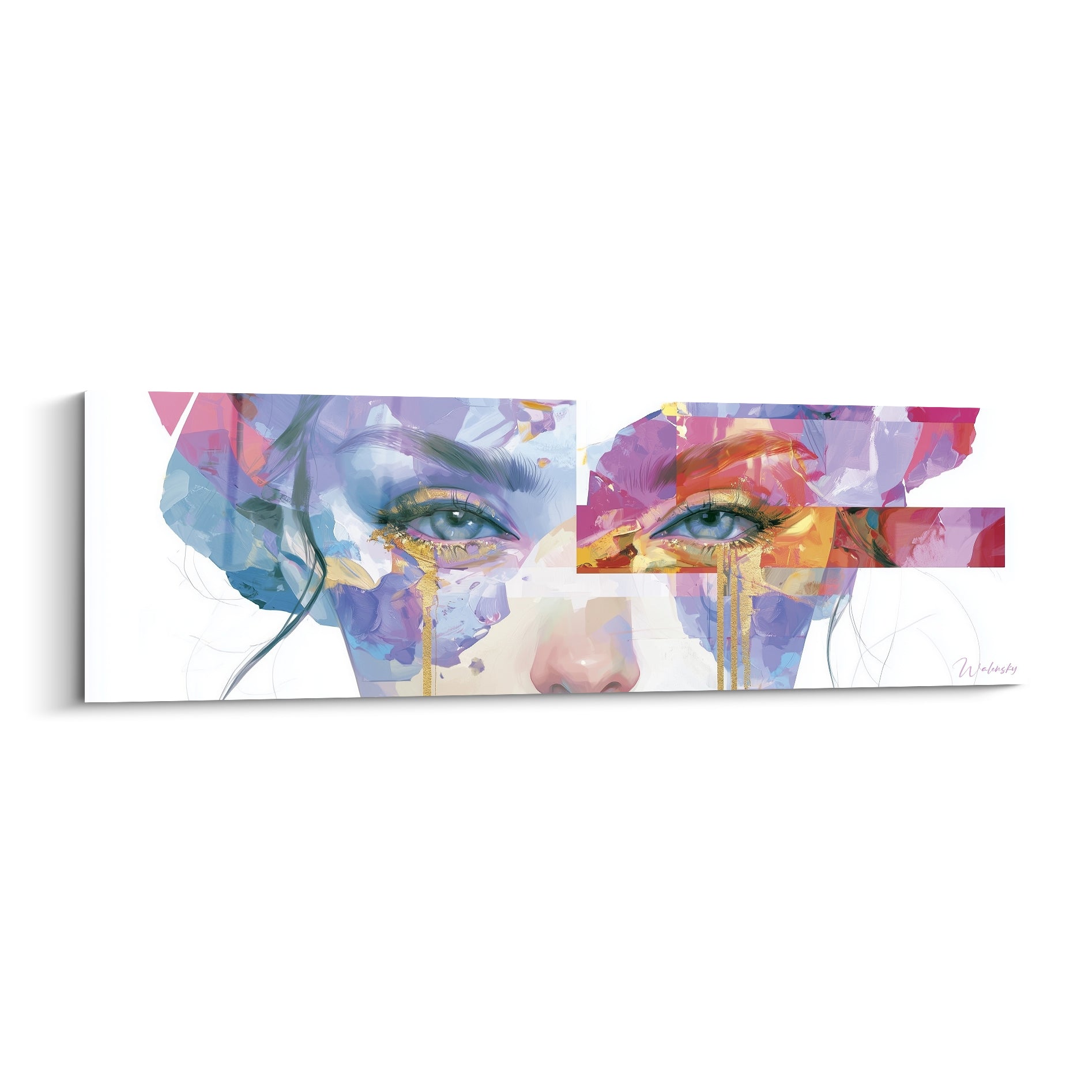 Visage abstrait fragmenté en bleu violet et rose fuchsia, larmes dorées coulant sous deux yeux peints