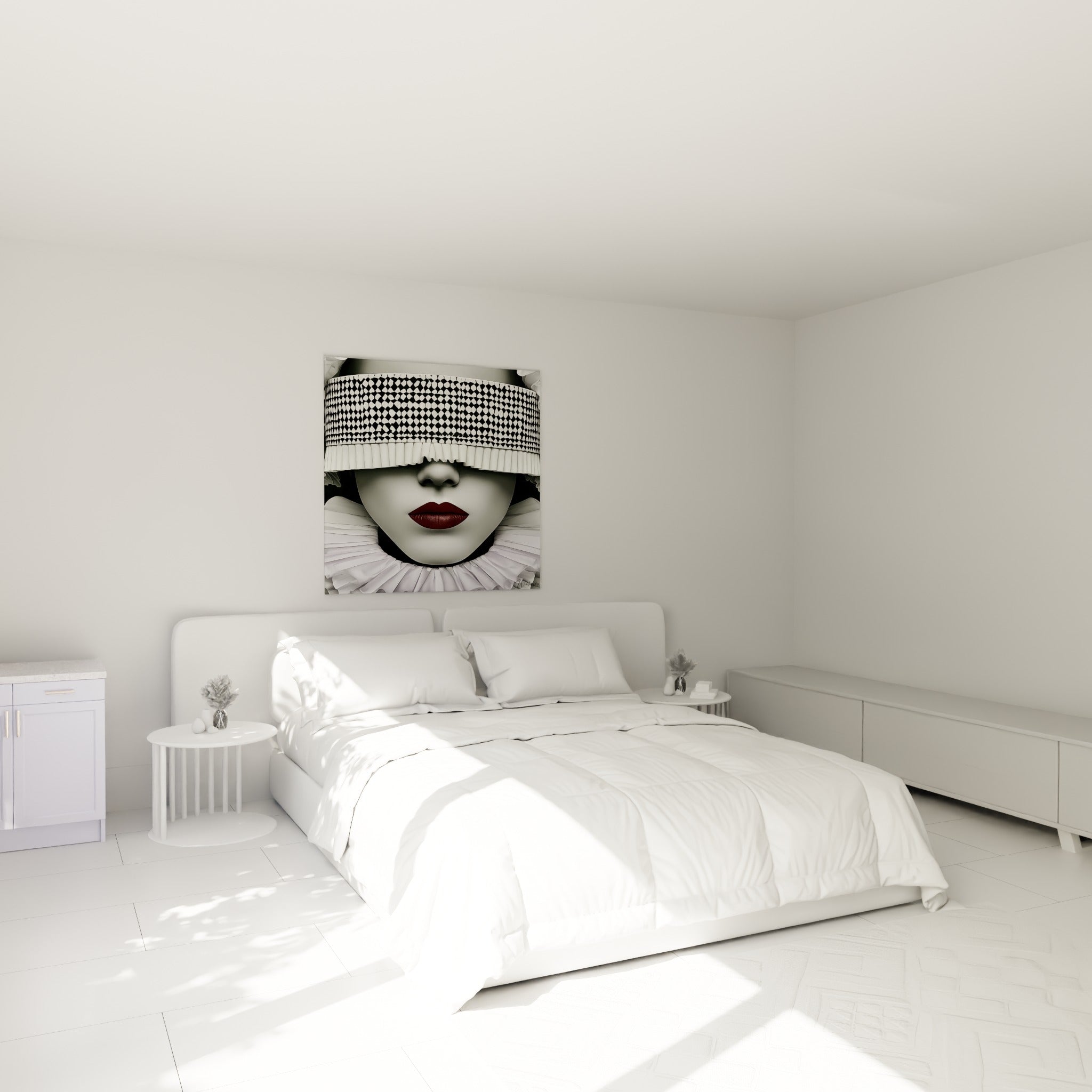 Bandeau arlequin noir et blanc et lèvres bordeaux d'un visage abstrait, au-dessus d'un lit dans une chambre claire