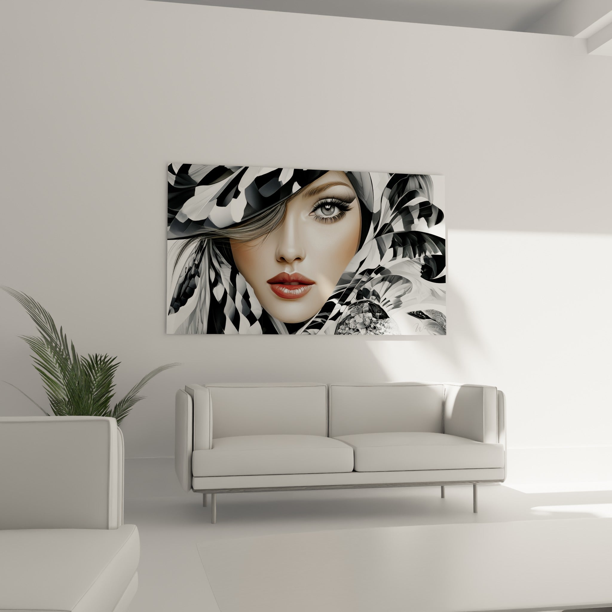 Femme mystérieuse voilée de plumes anthracite et blanches, suspendue au-dessus d'un canapé dans un salon lumineux