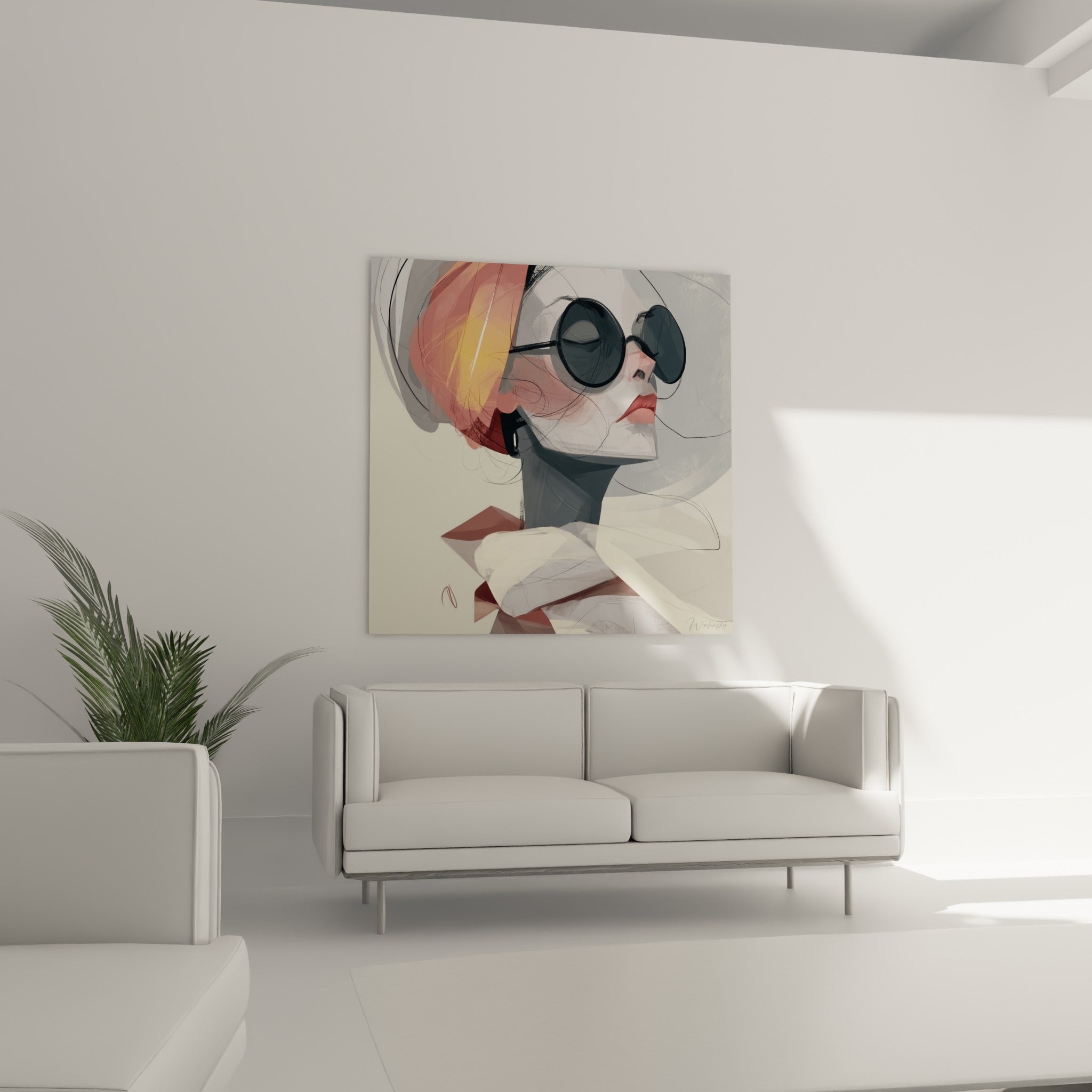 Visage abstrait aux lèvres rouge corail au-dessus d'un canapé dans un salon lumineux