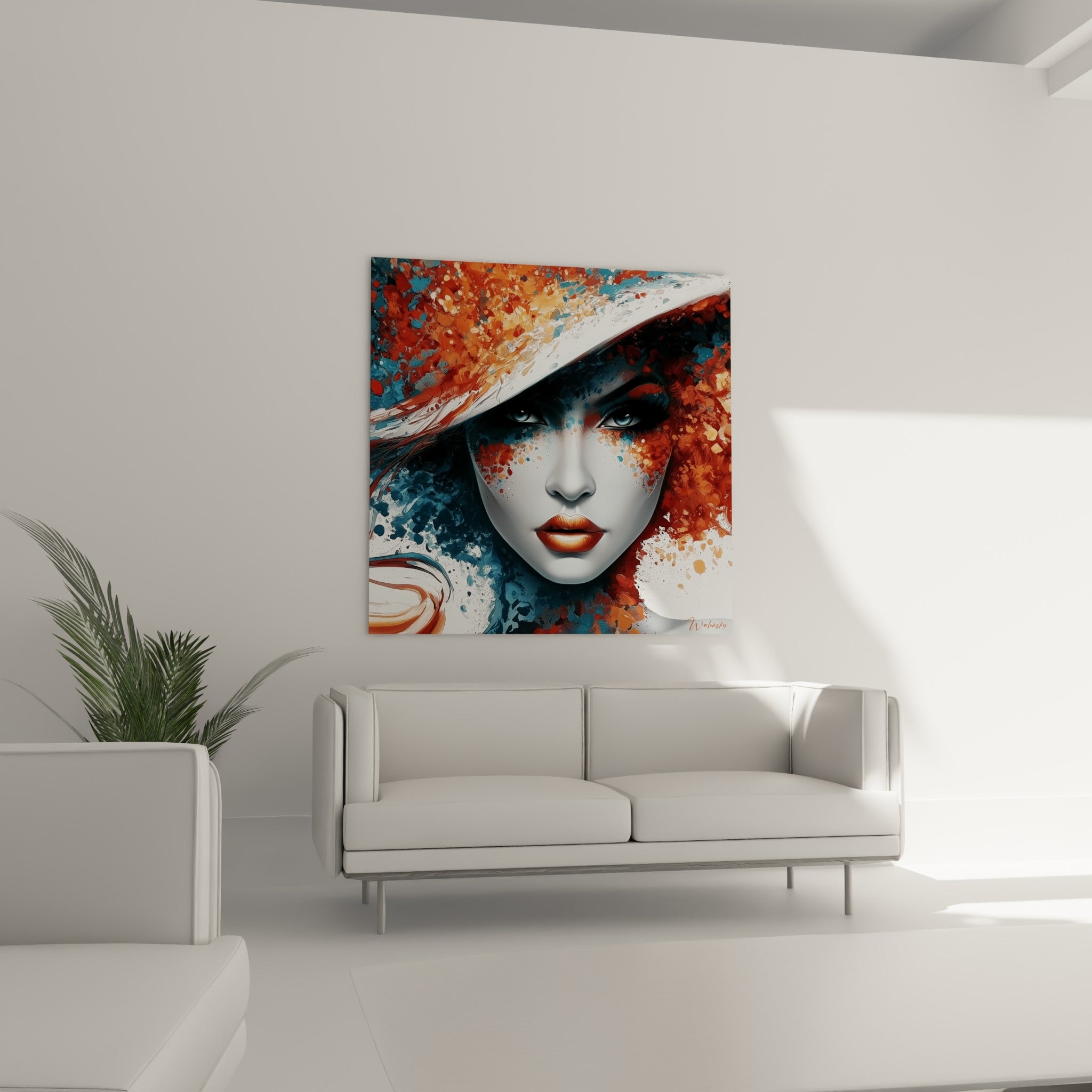 Regard bleu perçant du Visage abstrait entouré de touches orange et anthracite, au-dessus d'un canapé dans un salon lumineux