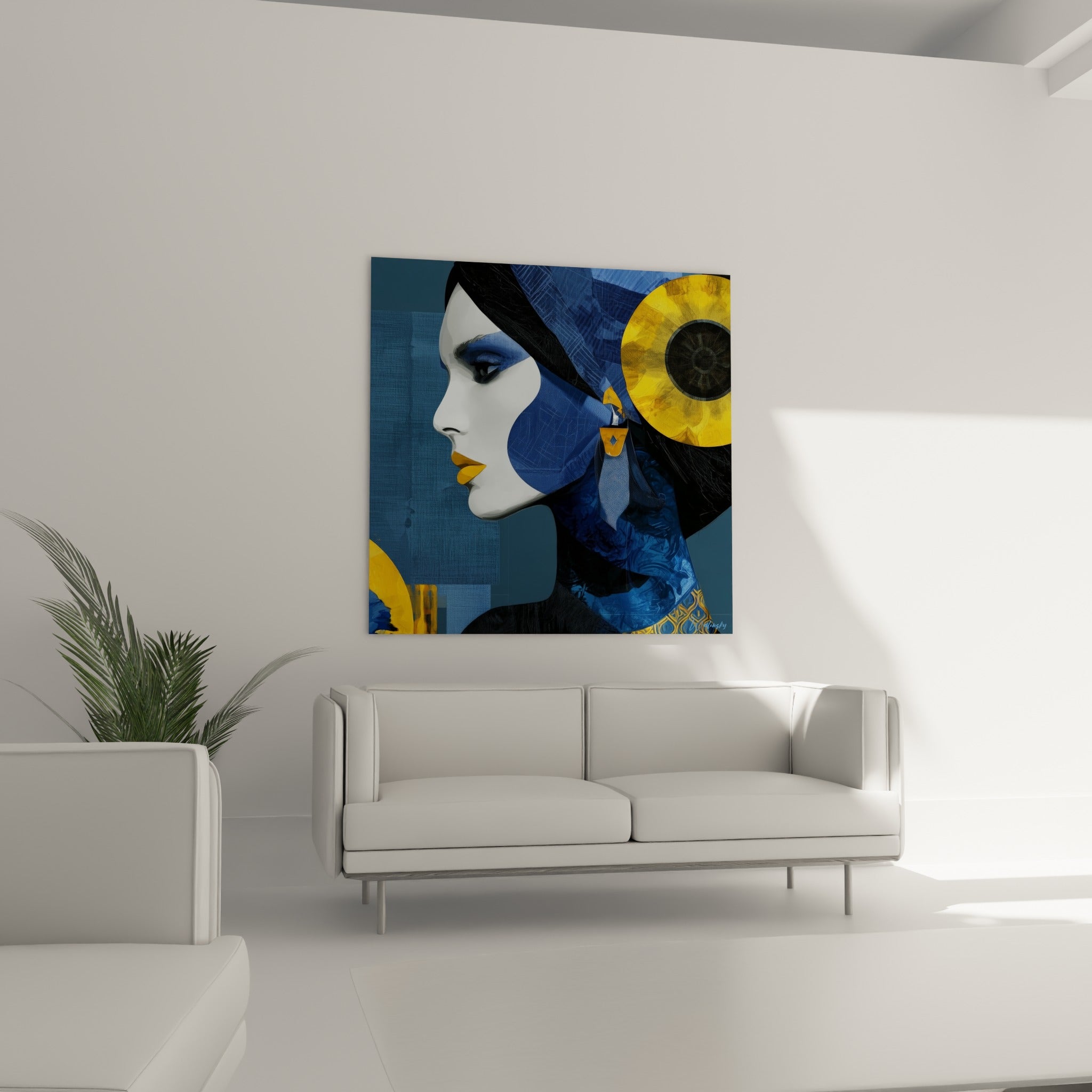 Femme au foulard bleu marine et tournesol doré, visage abstrait au-dessus d'un canapé dans un salon lumineux