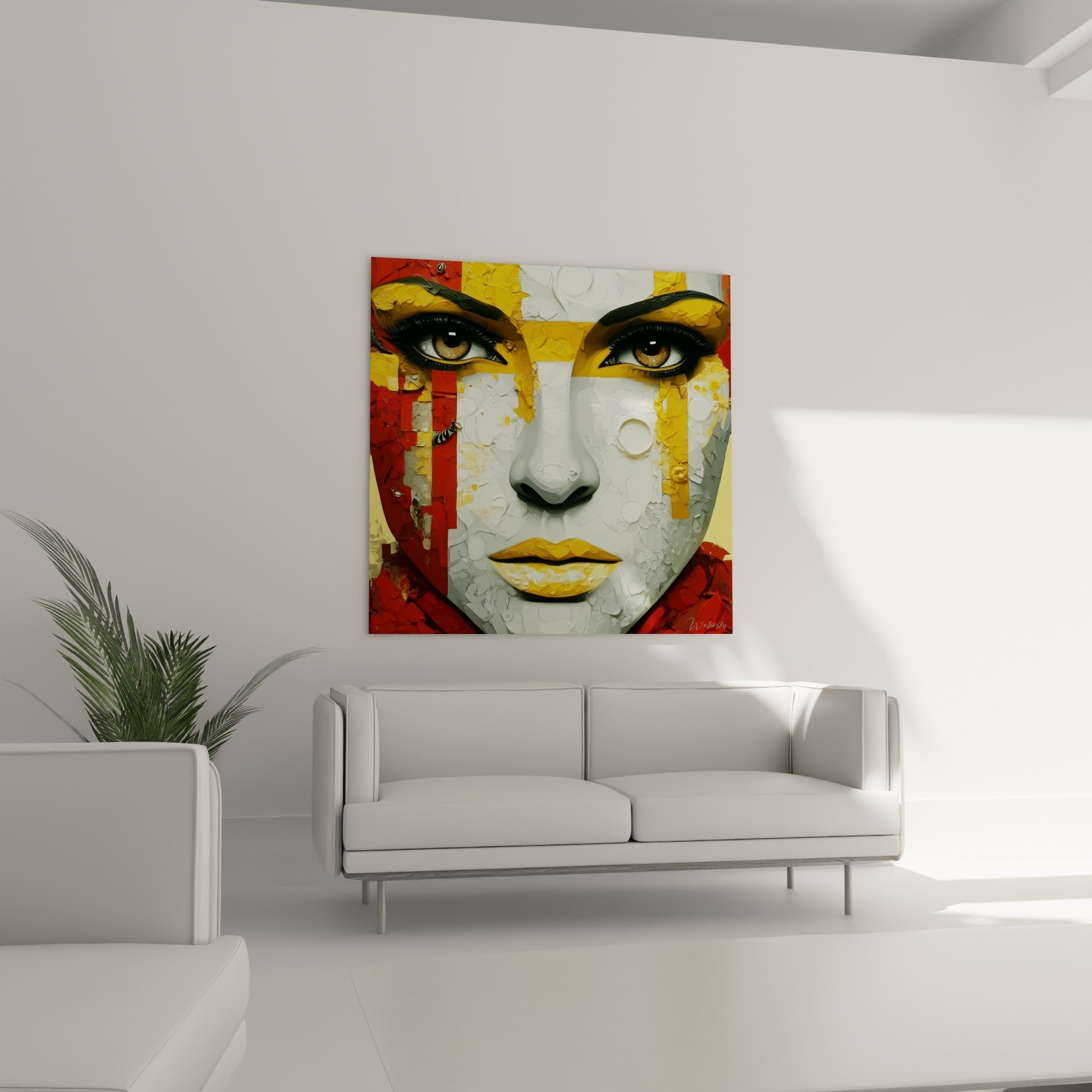 Yeux ambrés cernés de noir, lèvres jaune vif, visage abstrait au-dessus d'un canapé dans un salon lumineux