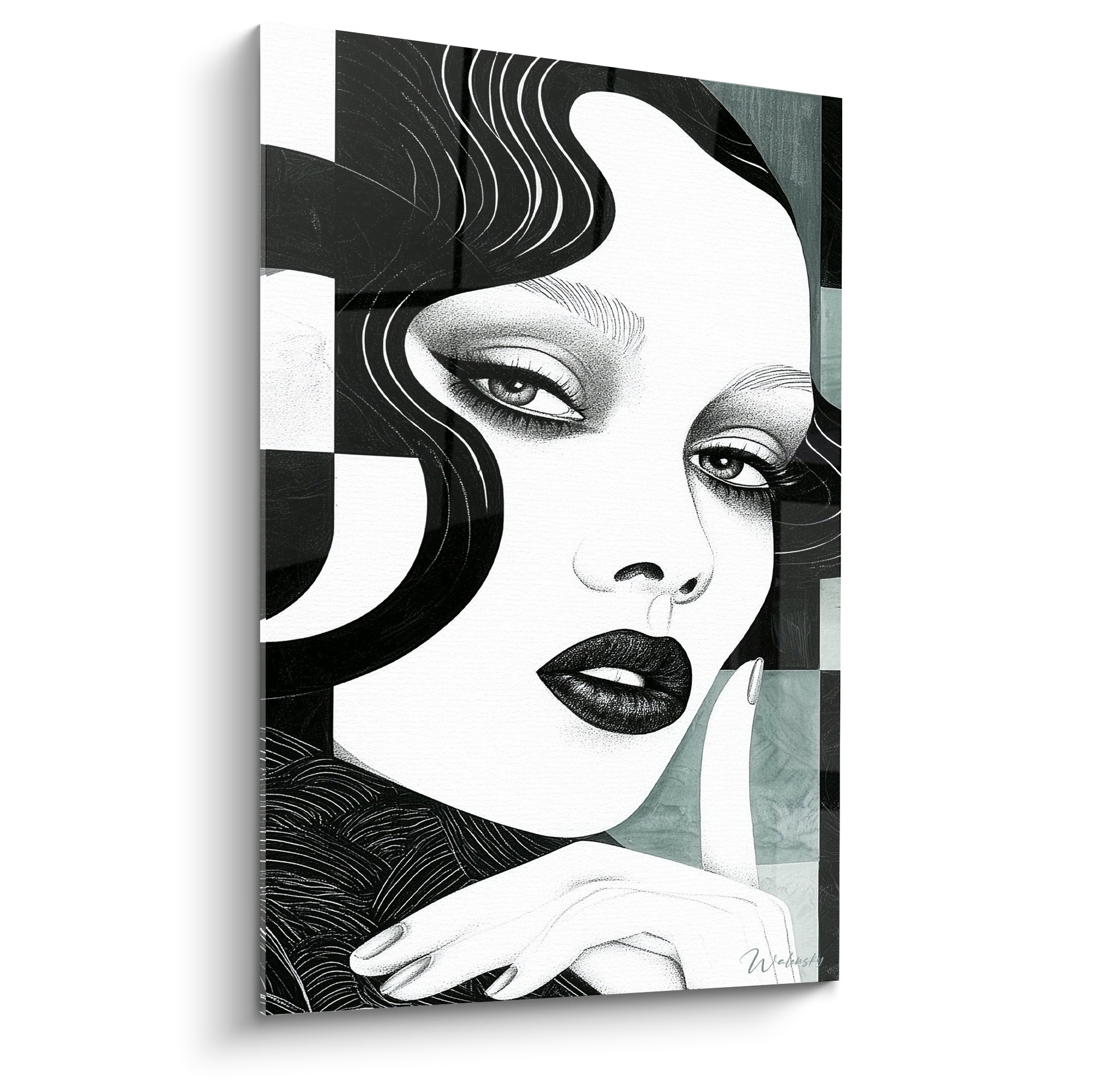Visage abstrait féminin aux lèvres noires, fond damier vert sauge et blanc, style graphique