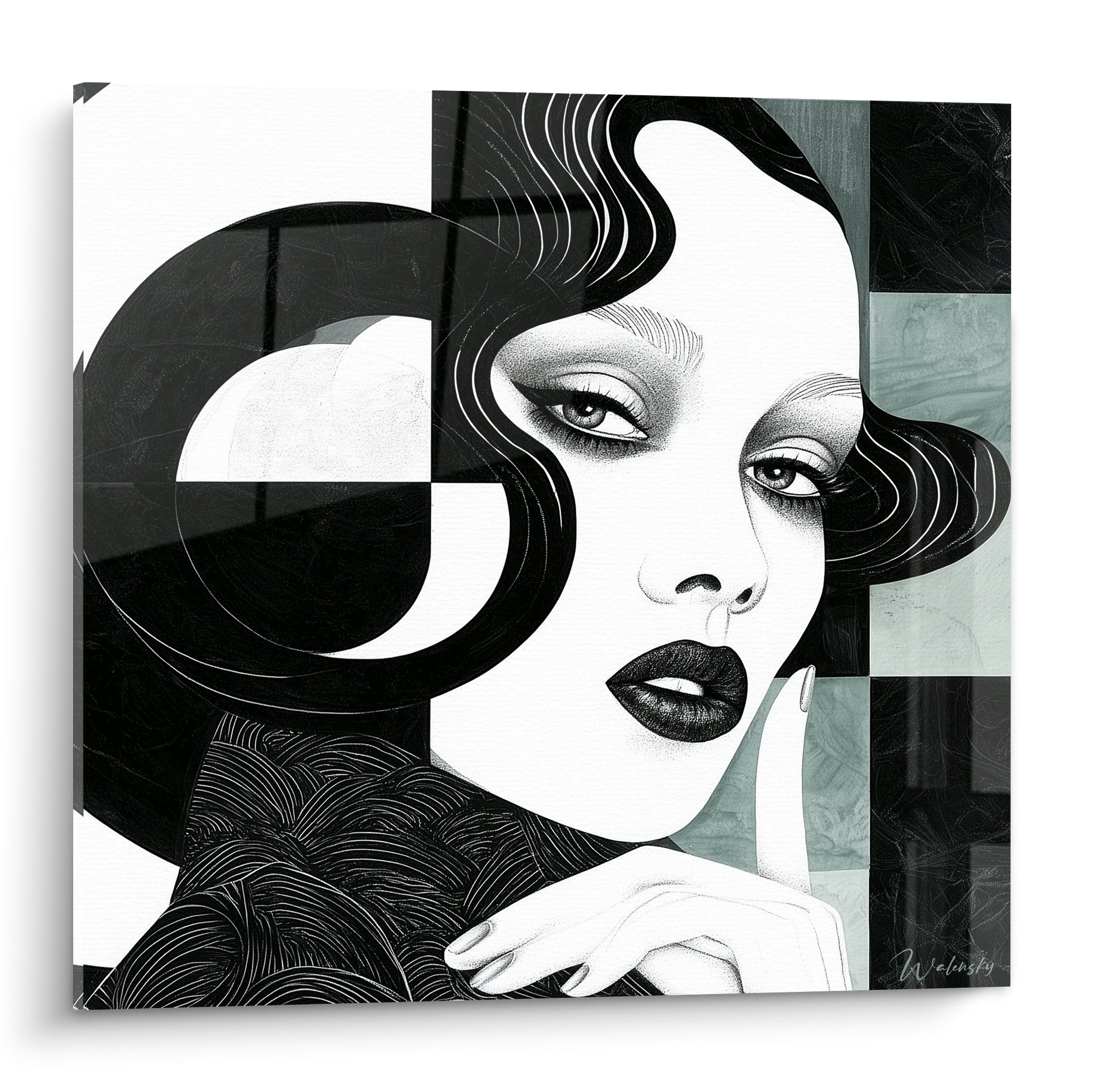 Visage abstrait aux lèvres noires et chevelure ondulée sur fond damier anthracite et vert sauge