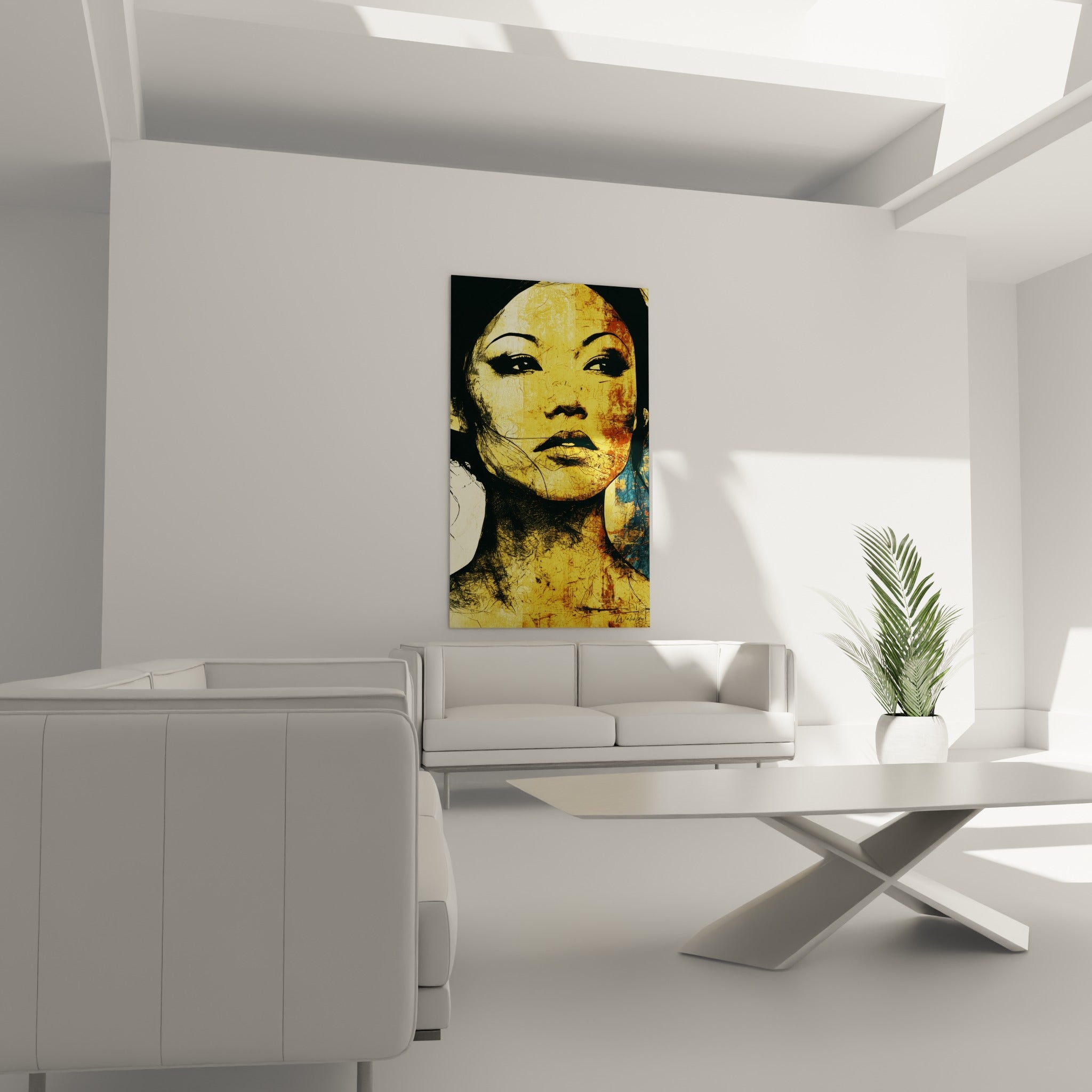Visage abstrait doré aux lèvres pleines dessinées en noir, nuances anthracite, au-dessus d'un canapé dans un salon lumineux