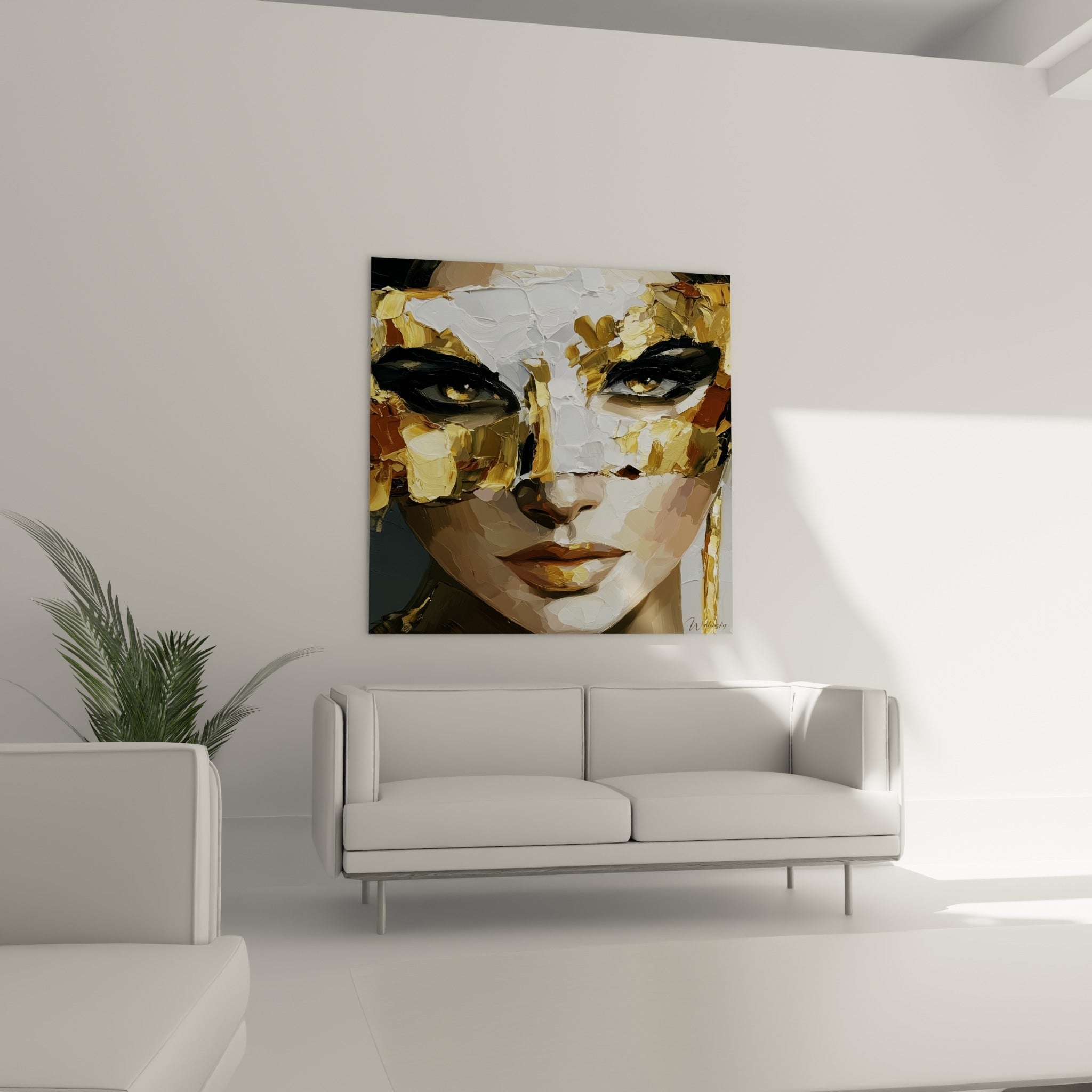 Femme peinte en blanc et or aux lèvres ocre, visage abstrait au-dessus d'un canapé dans un salon lumineux