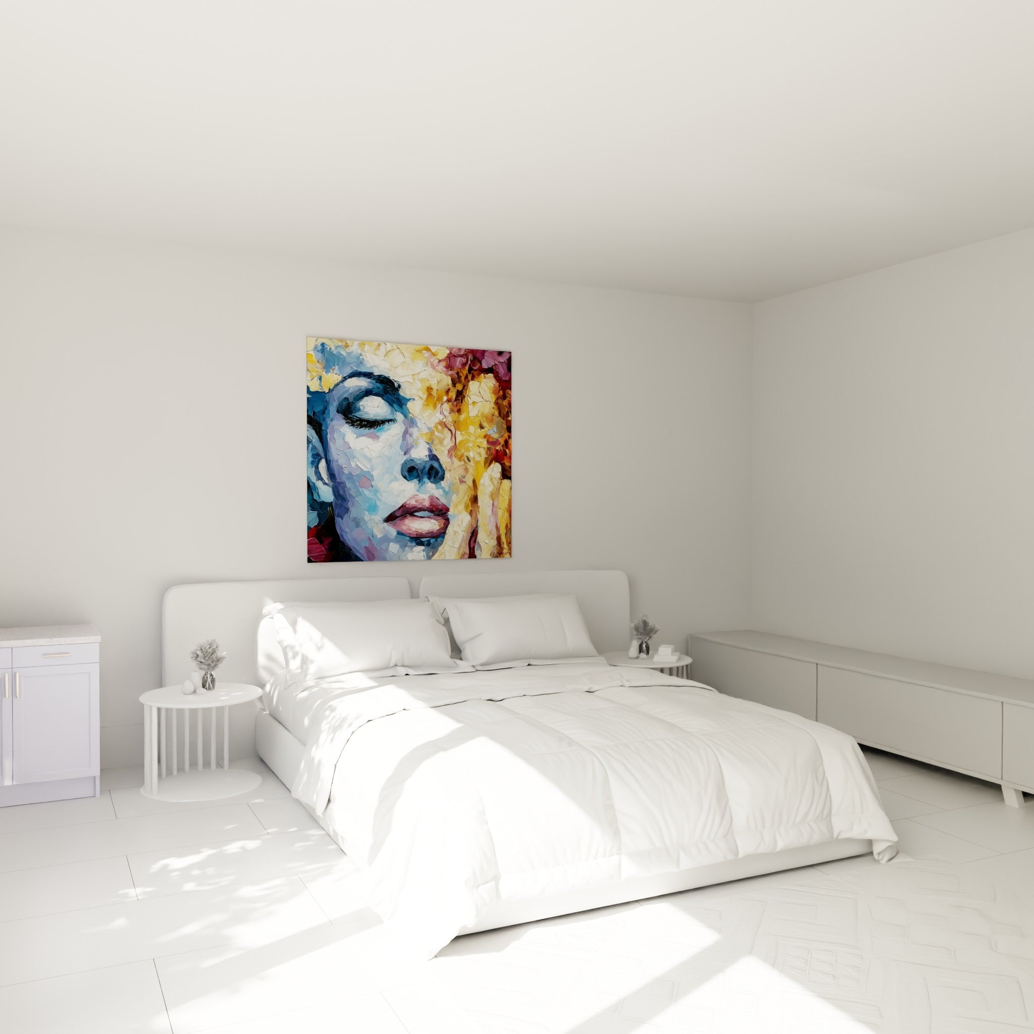 Portrait bleu et doré aux lèvres pourpres, visage abstrait au-dessus d'un lit dans une chambre claire