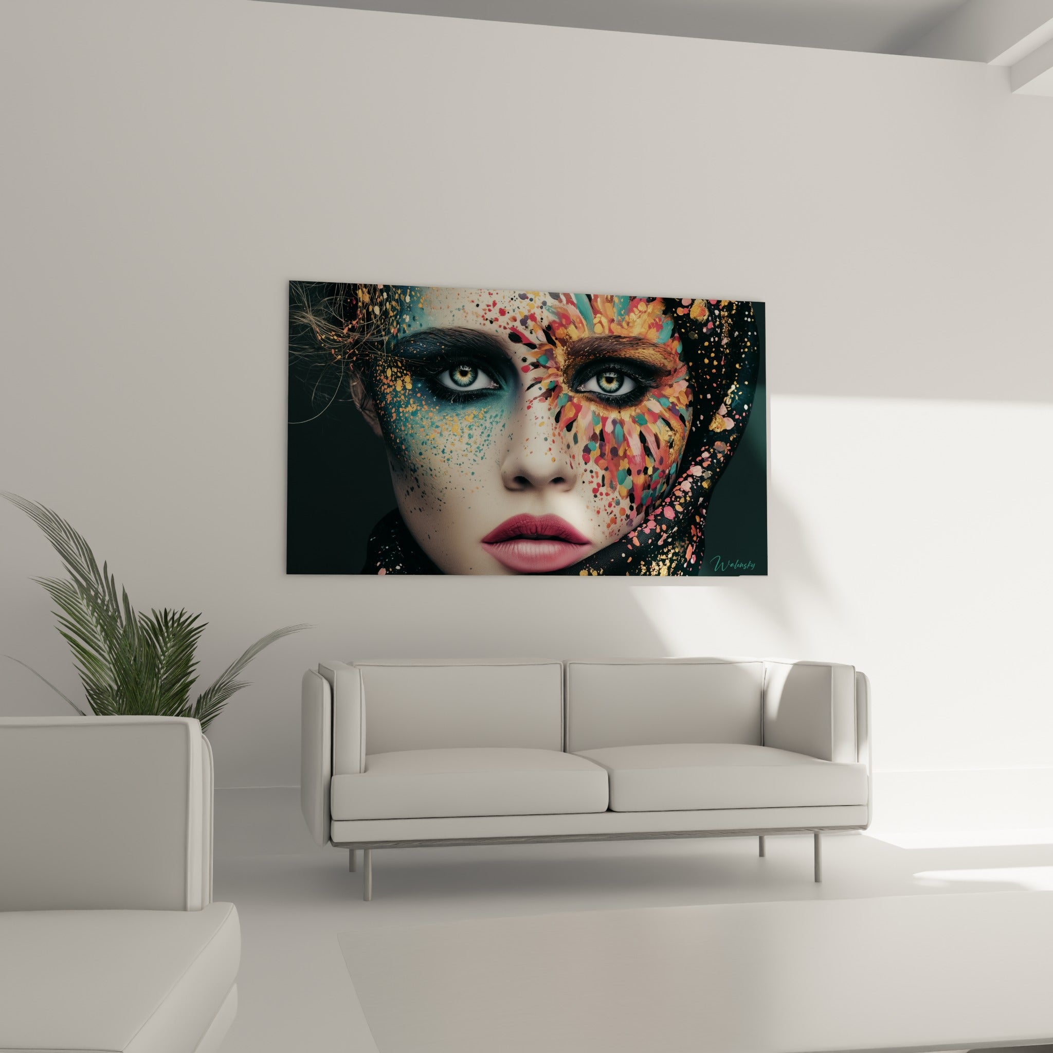 Peau constellée de rose et de doré, lèvres roses affirmées, tableau visage abstrait au-dessus d'un canapé dans un salon lumineux
