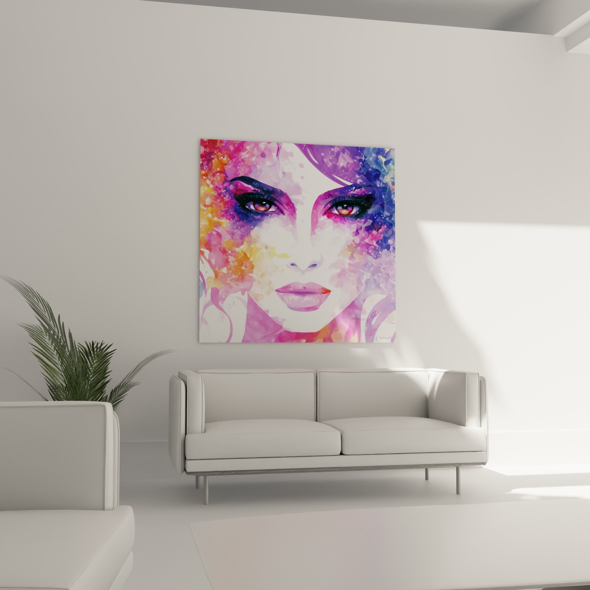 Visage aquarelle rose et bleu violet au regard captivant, suspendu au-dessus d'un canapé dans un salon lumineux