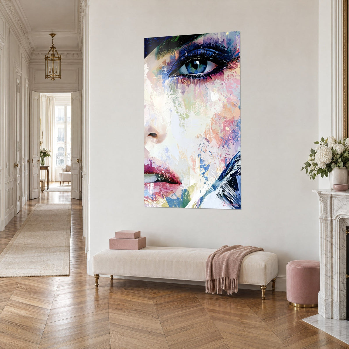 Wall art blue eye framed by black lashes, ivory cheek speckled with pink and peach, three-quarter view in a Haussmann-style hallway