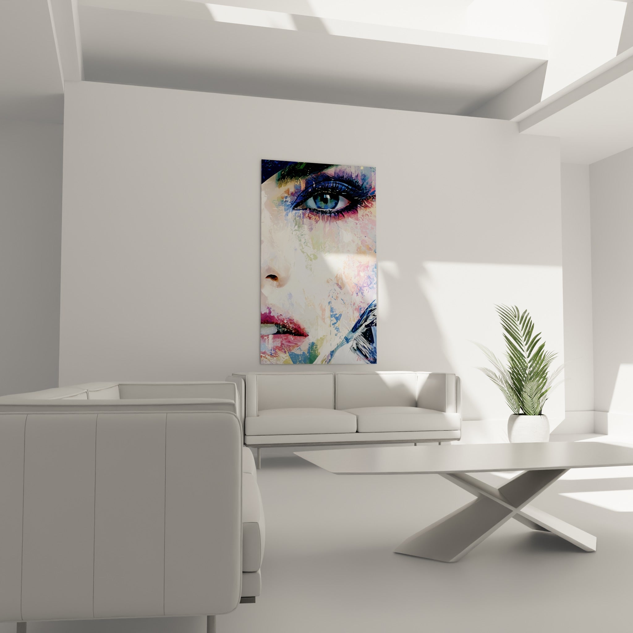 Visage abstrait aux tons ocre et blanc cassé, suspendu au-dessus d'un canapé dans un salon lumineux