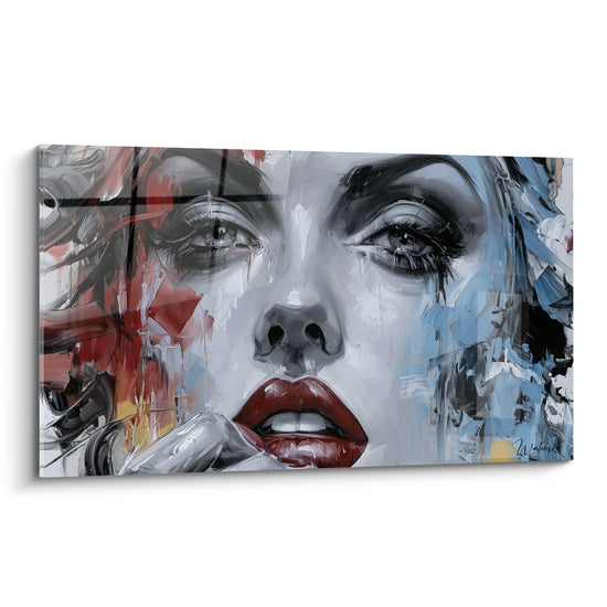 Visage abstrait aux lèvres rouge carmin et touches bleu glacé, traitement pictural intense en gris et noir