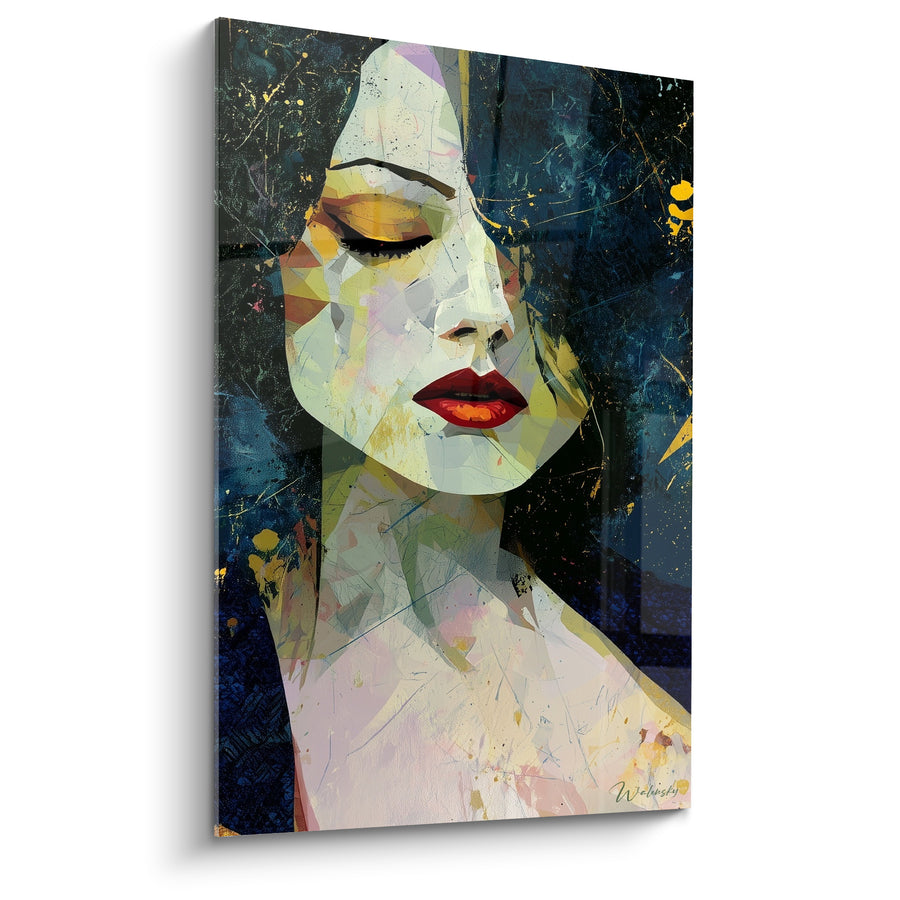 Tableau Visage géométrique aux lèvres rouges bleu marine - Songerie nocturne - Edition Visage abstrait