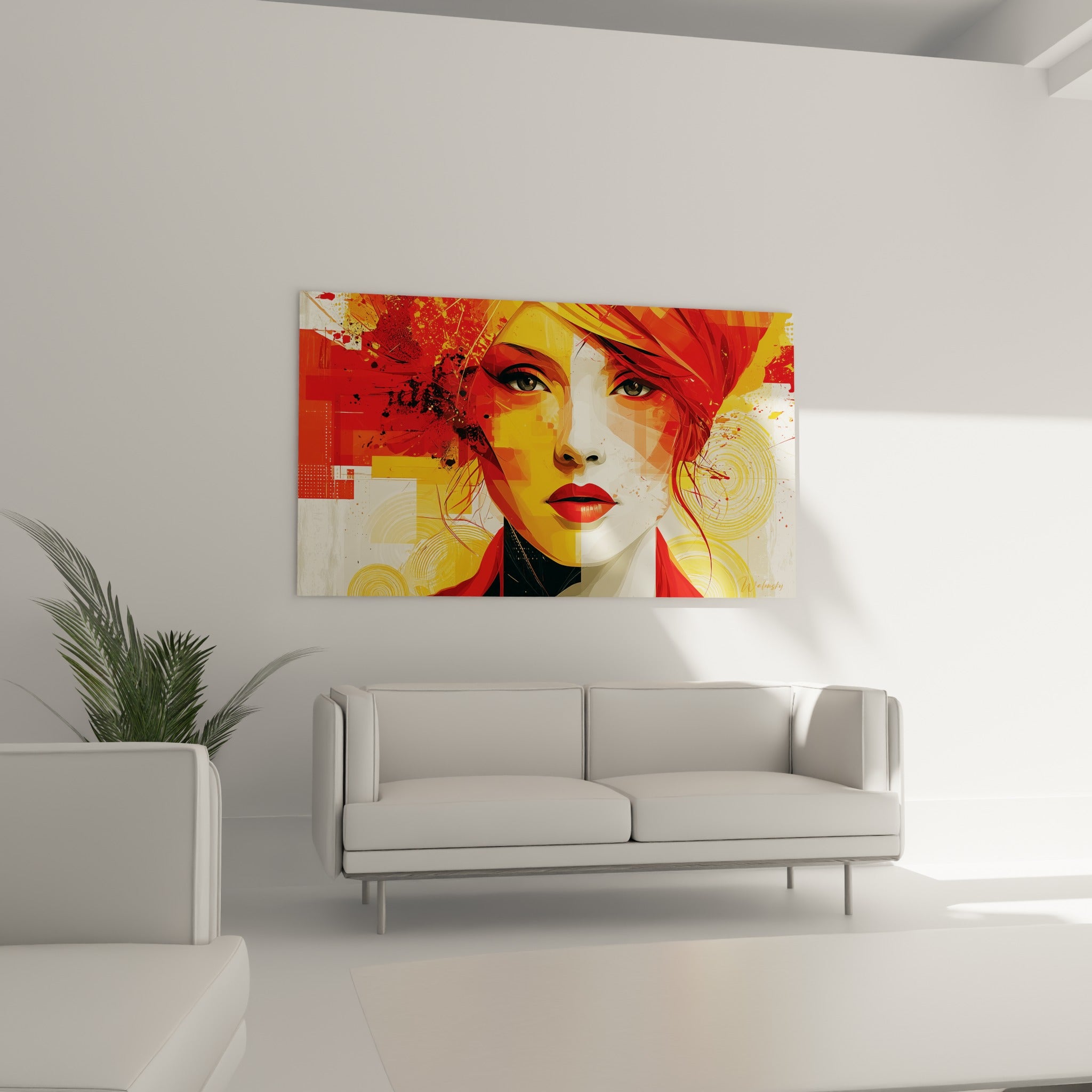 Visage abstrait doré et rouge vif aux lèvres marquées, au-dessus d'un canapé dans un salon lumineux