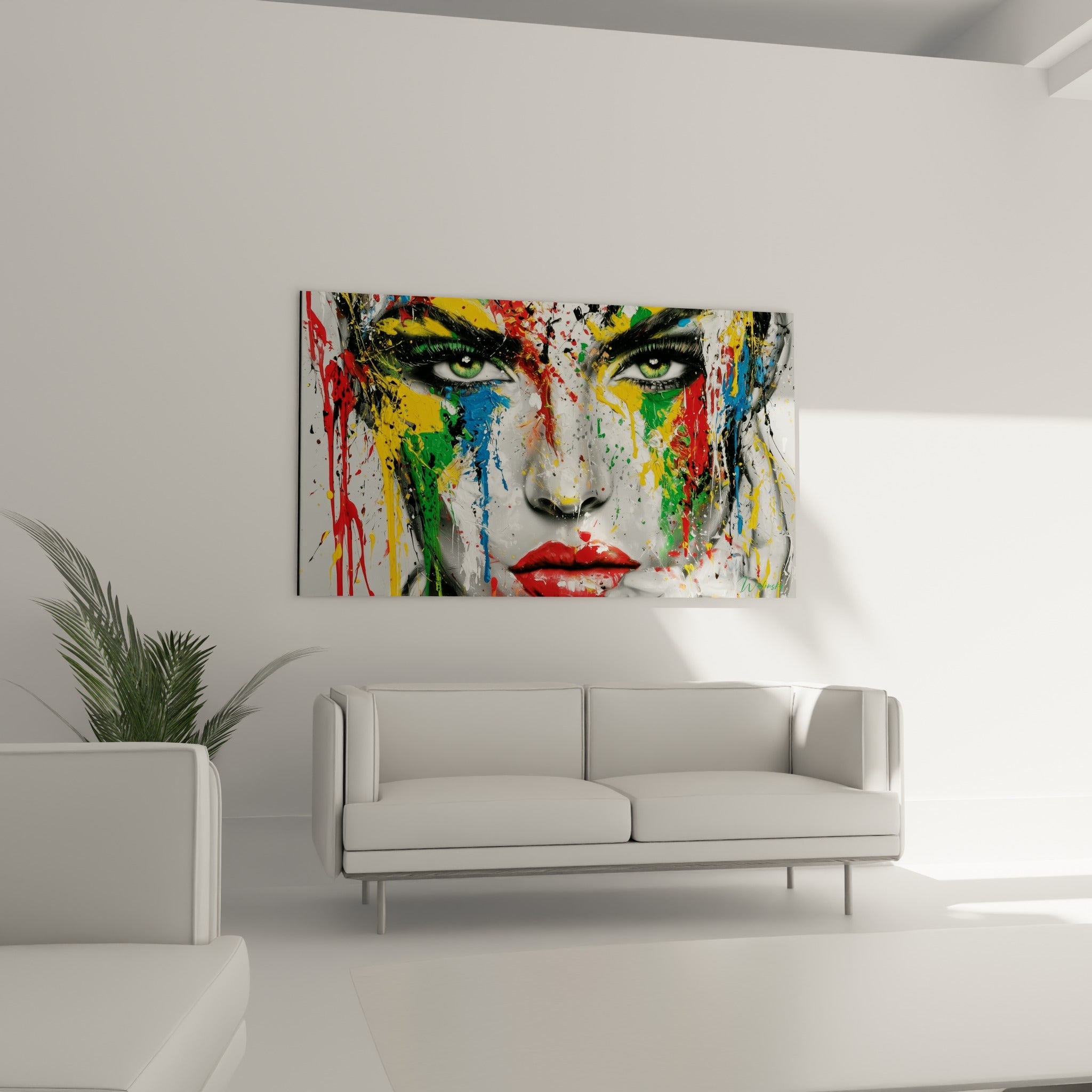 Lèvres rouges et éclaboussures jaunes d'un visage abstrait, au-dessus d'un canapé dans un salon lumineux