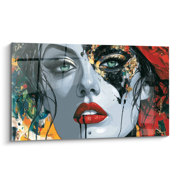 Tableau Visage gris et rouge aux paillettes dorées - Œil vert perçant - Edition Visage abstrait