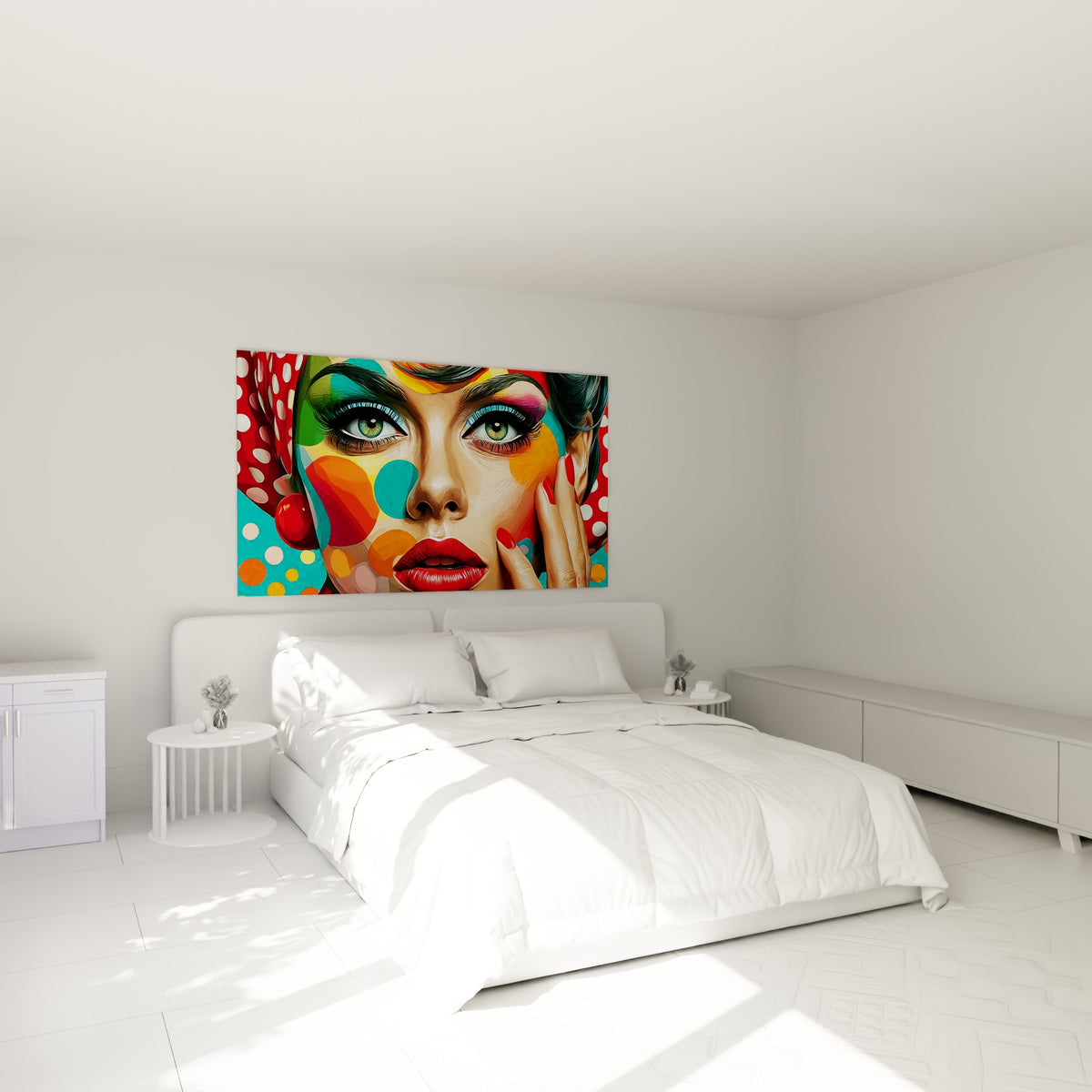 Visage abstrait multicolore aux pois rouges et lèvres écarlates au-dessus d'un lit dans une chambre claire