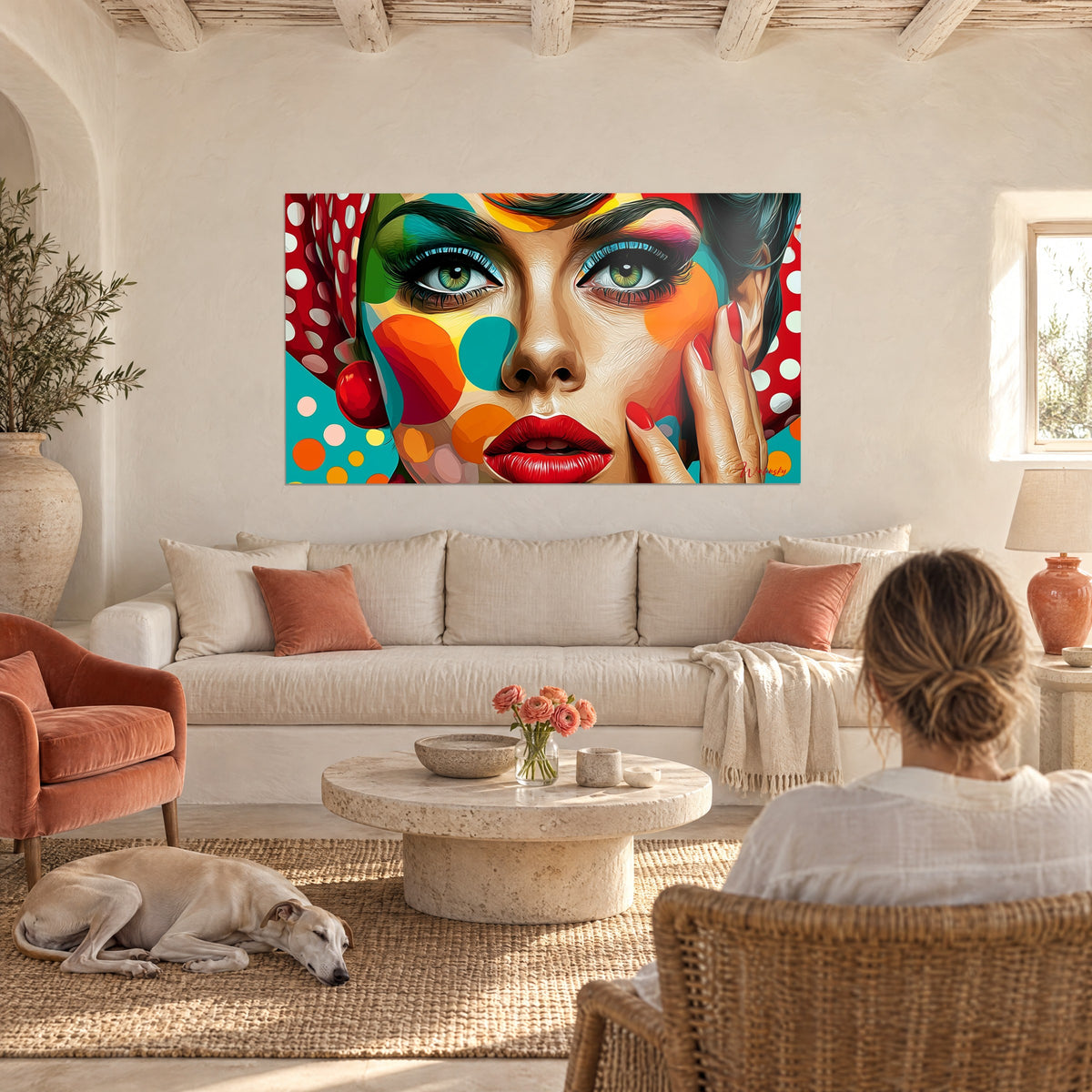 Quadro volto pop art con occhi verdi e labbra rosse, pois turchesi e arancioni, sopra un divano in un soggiorno luminoso