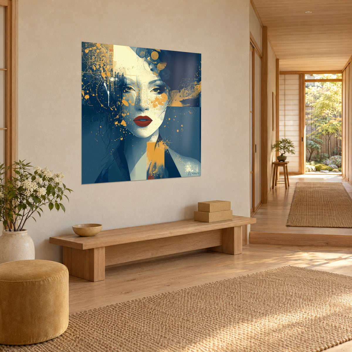 Wall art abstract woman's face, green eyes and ochre stains on a midnight blue background, three-quarter view beside a light wood bench