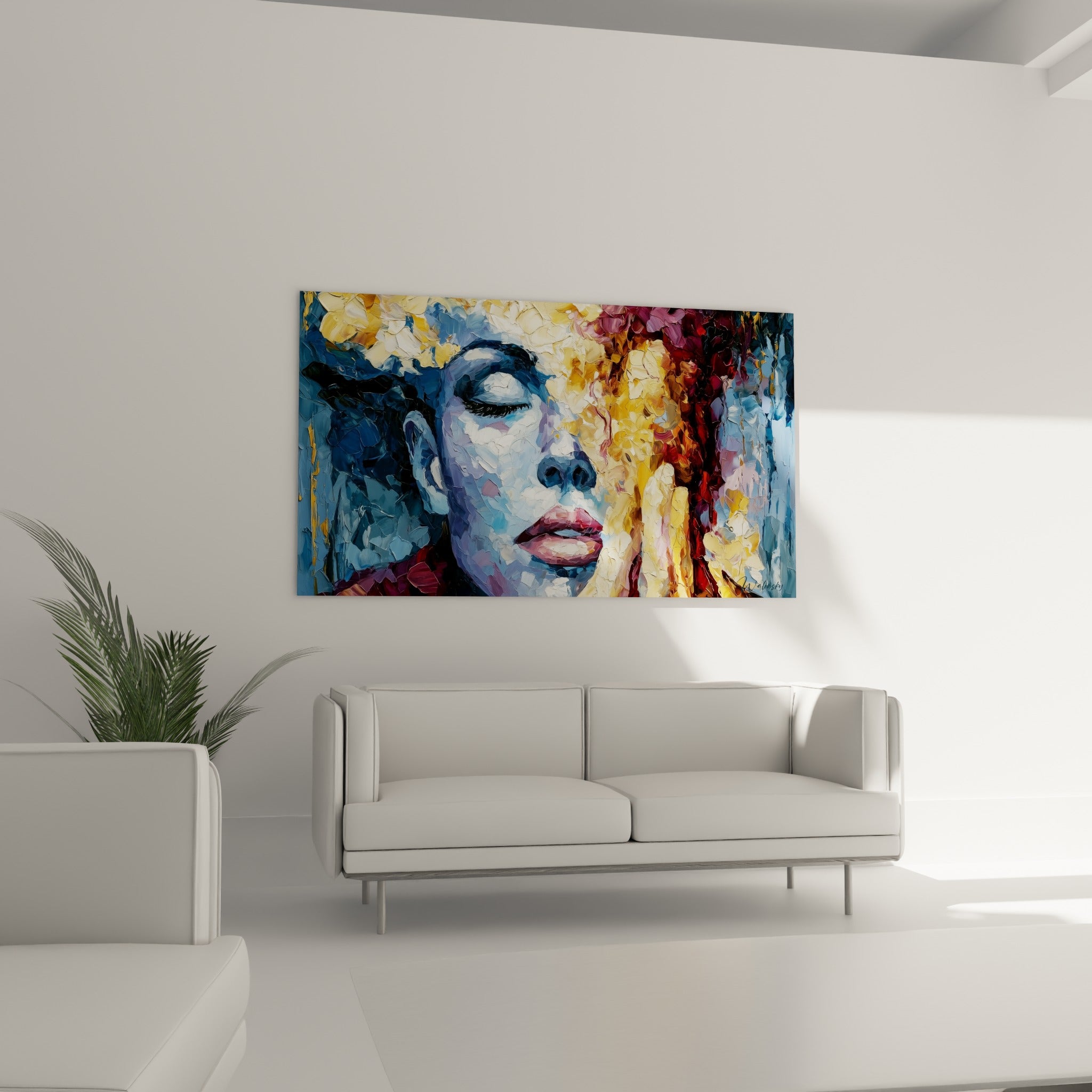 Portrait peint bleu et bordeaux, lèvres rouge carmin, disposé au-dessus d'un canapé dans un salon lumineux