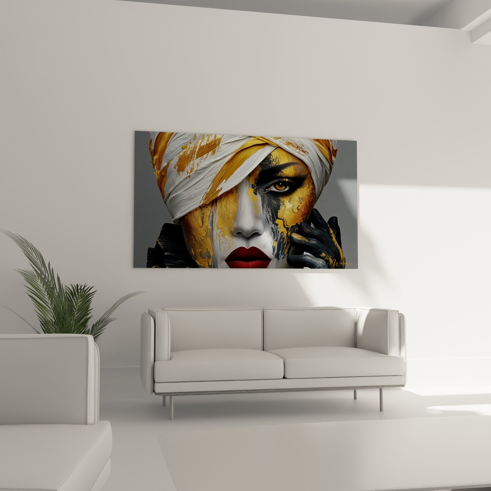 Visage recouvert d'or et de noir, turban blanc drapé, au-dessus d'un canapé dans un salon lumineux