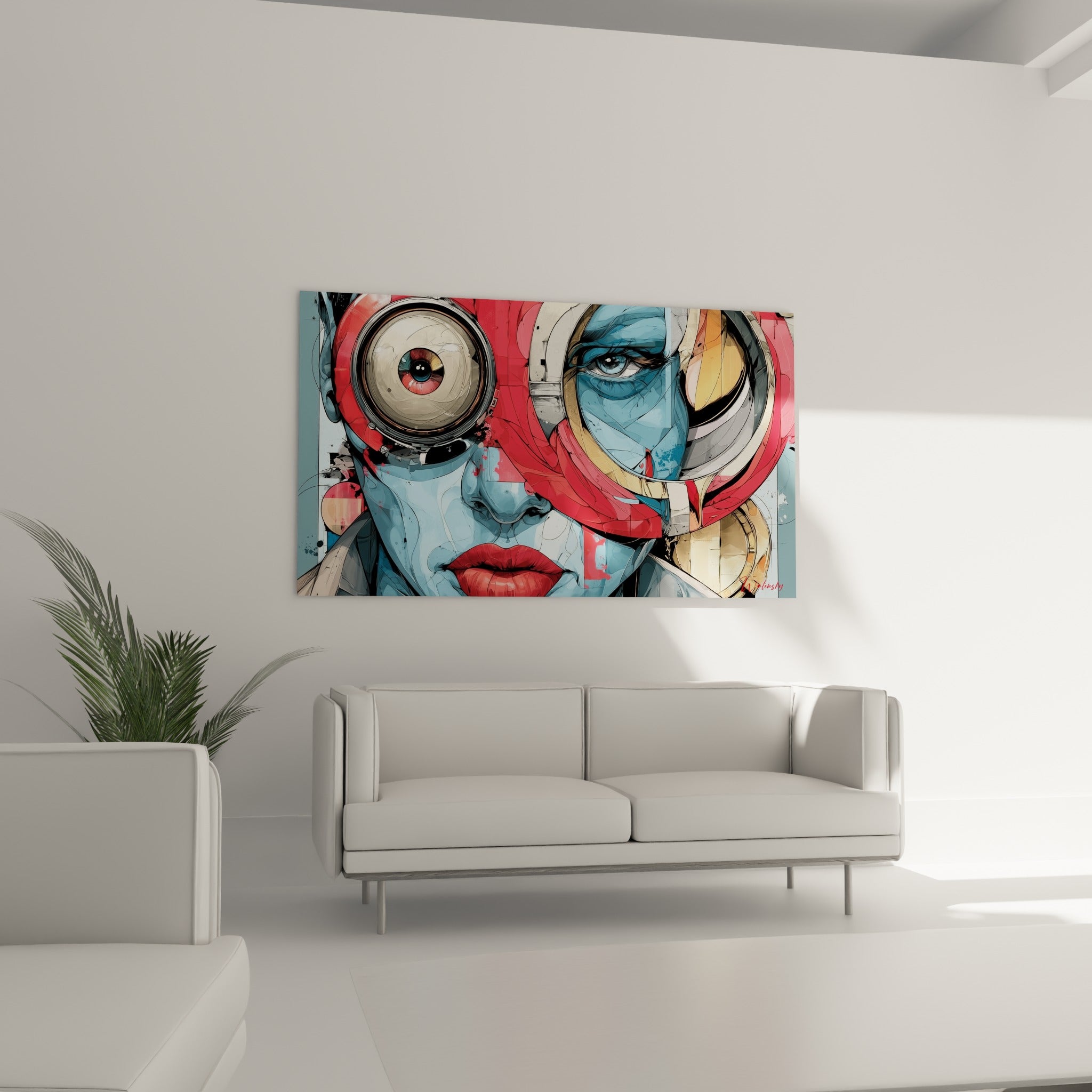 Visage abstrait bleu et ocre à lèvres rouge vif accroché au-dessus d'un canapé dans un salon lumineux
