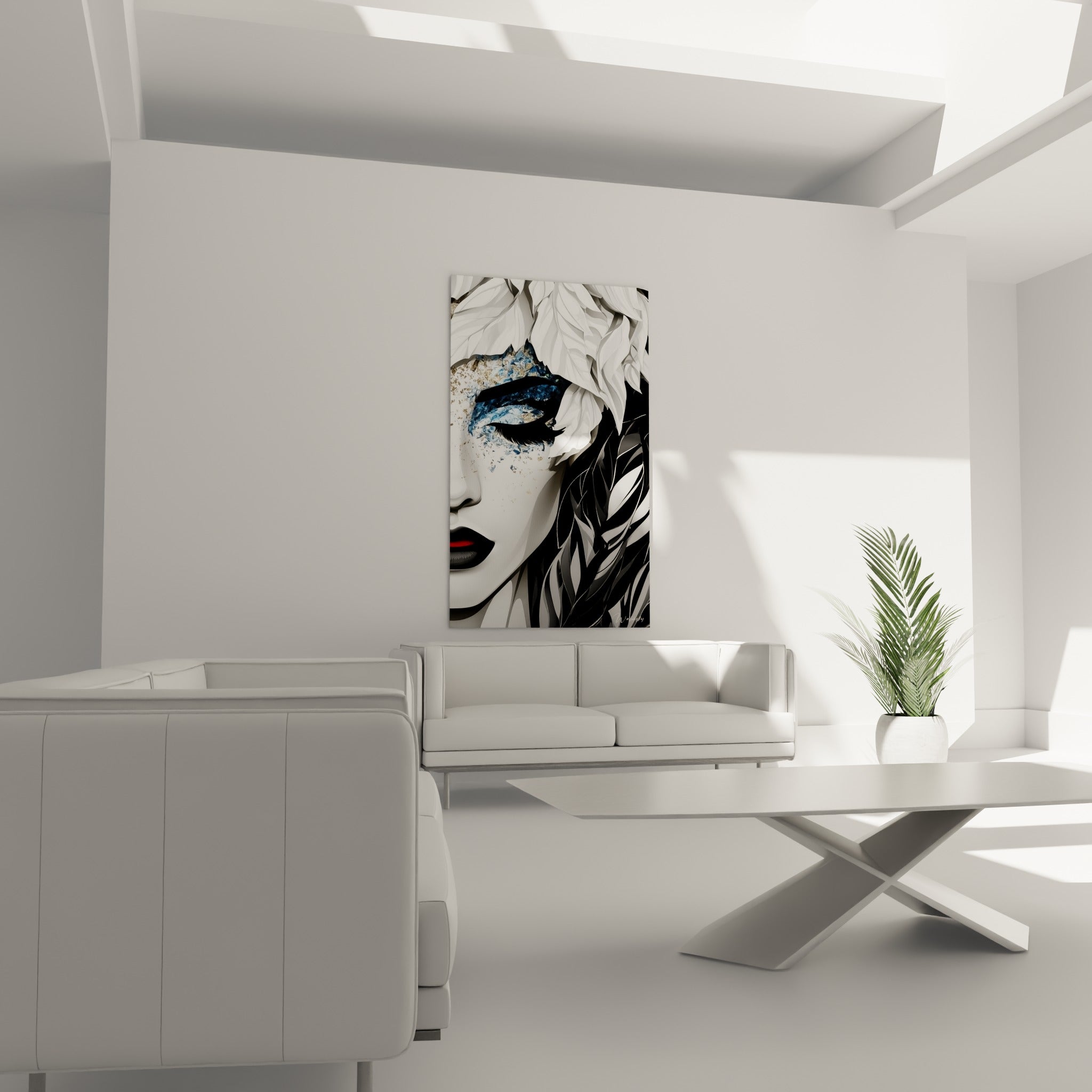 Femme stylisée en blanc et anthracite, lèvres rouges, au-dessus d'un canapé dans un salon lumineux