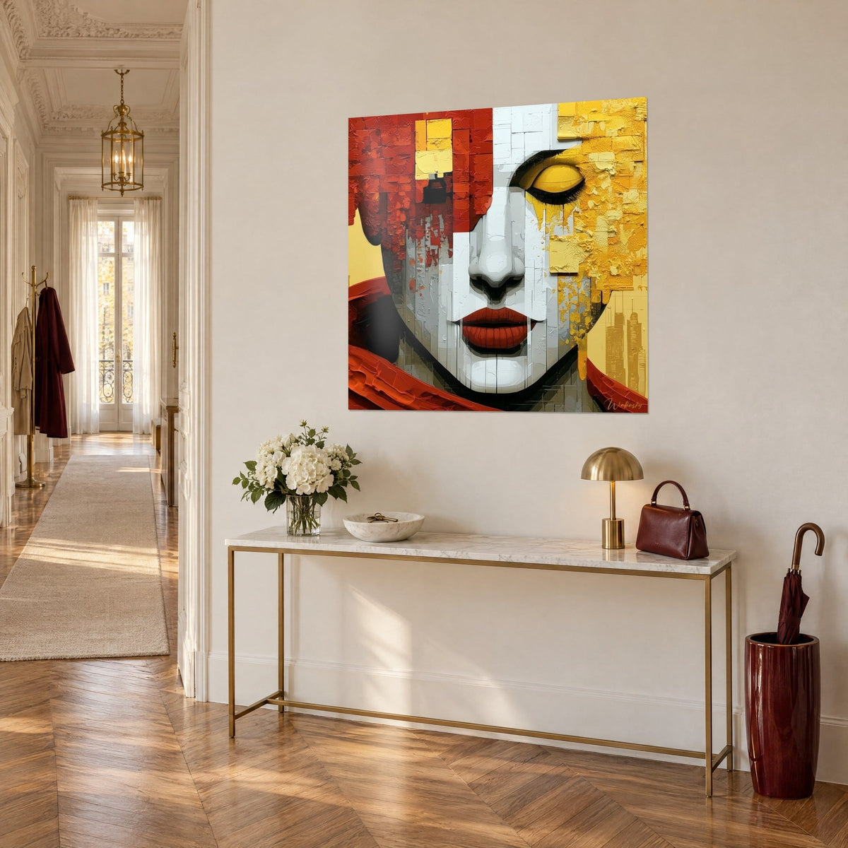 Cuadro retrato partido con empastes óxido y amarillo, párpado dorado cerrado, sobre una pared beige junto a una consola