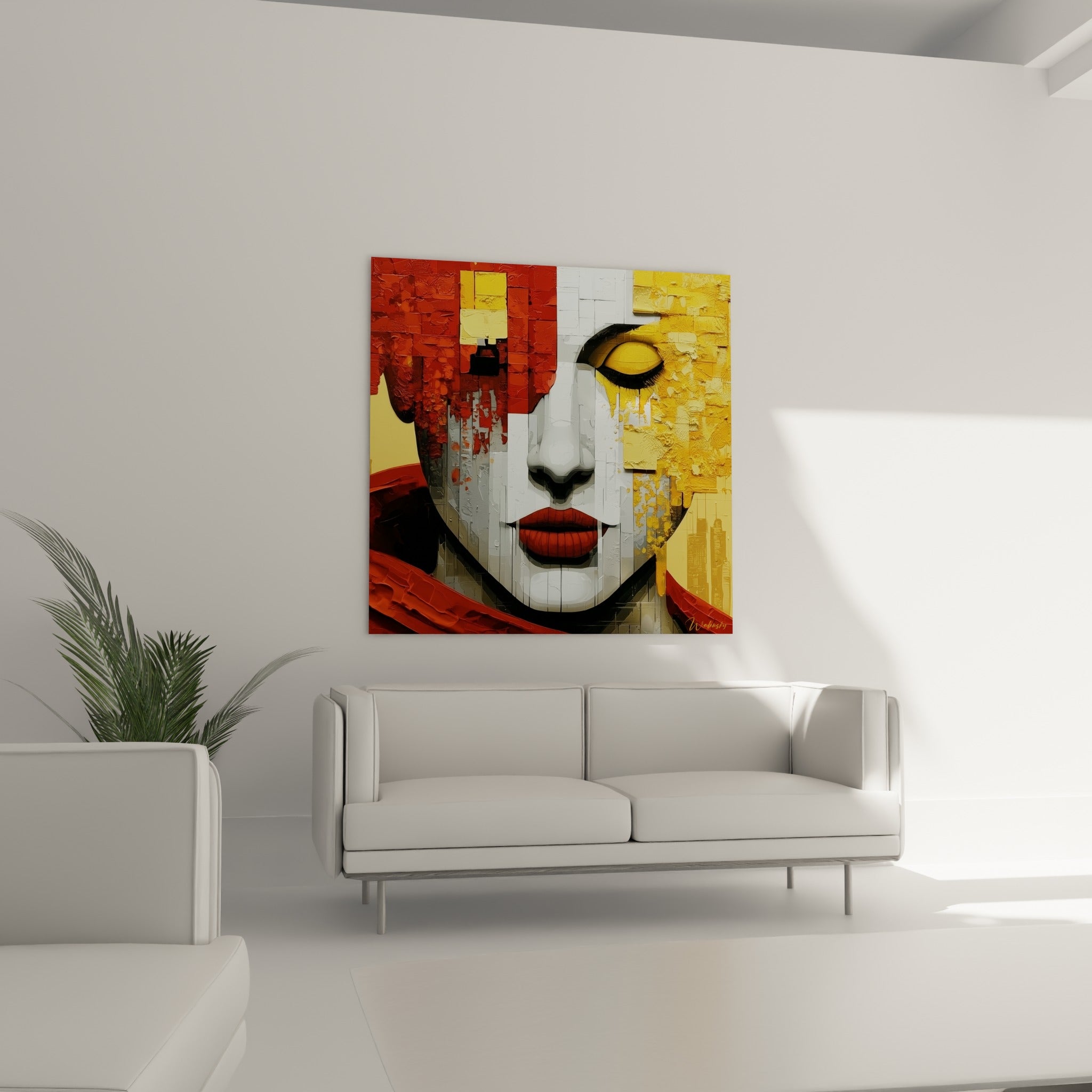 Composition dorée et rouille d'un visage méditatif, au-dessus d'un canapé dans un salon lumineux